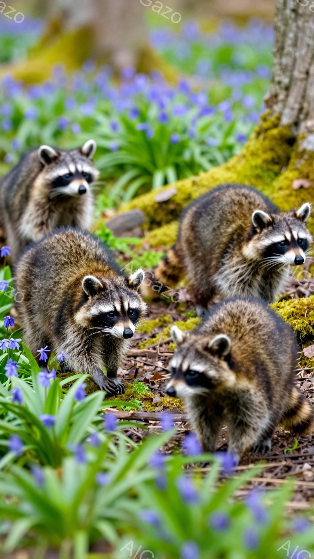 アライグマたちが紫色の花畑で遊んでいる。彼らはそれぞれ異なる方向に注意を払い、好奇心旺盛な表情を見せている。背景には緑豊かな苔と木々があり、春の穏やかな雰囲気が漂う。