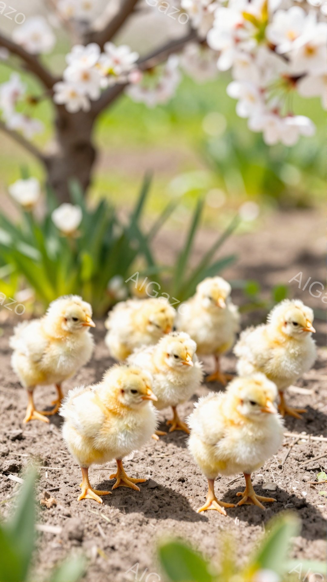 小さなヒヨコたちが地面に集まっており、春の暖かさを感じさせる光景です。背景には白く美しい桜の木が見え、ヒヨコたちの黄色い体がより際立っています。可愛らしいヒヨコたちが、新生活の始まりを象徴しているようです。