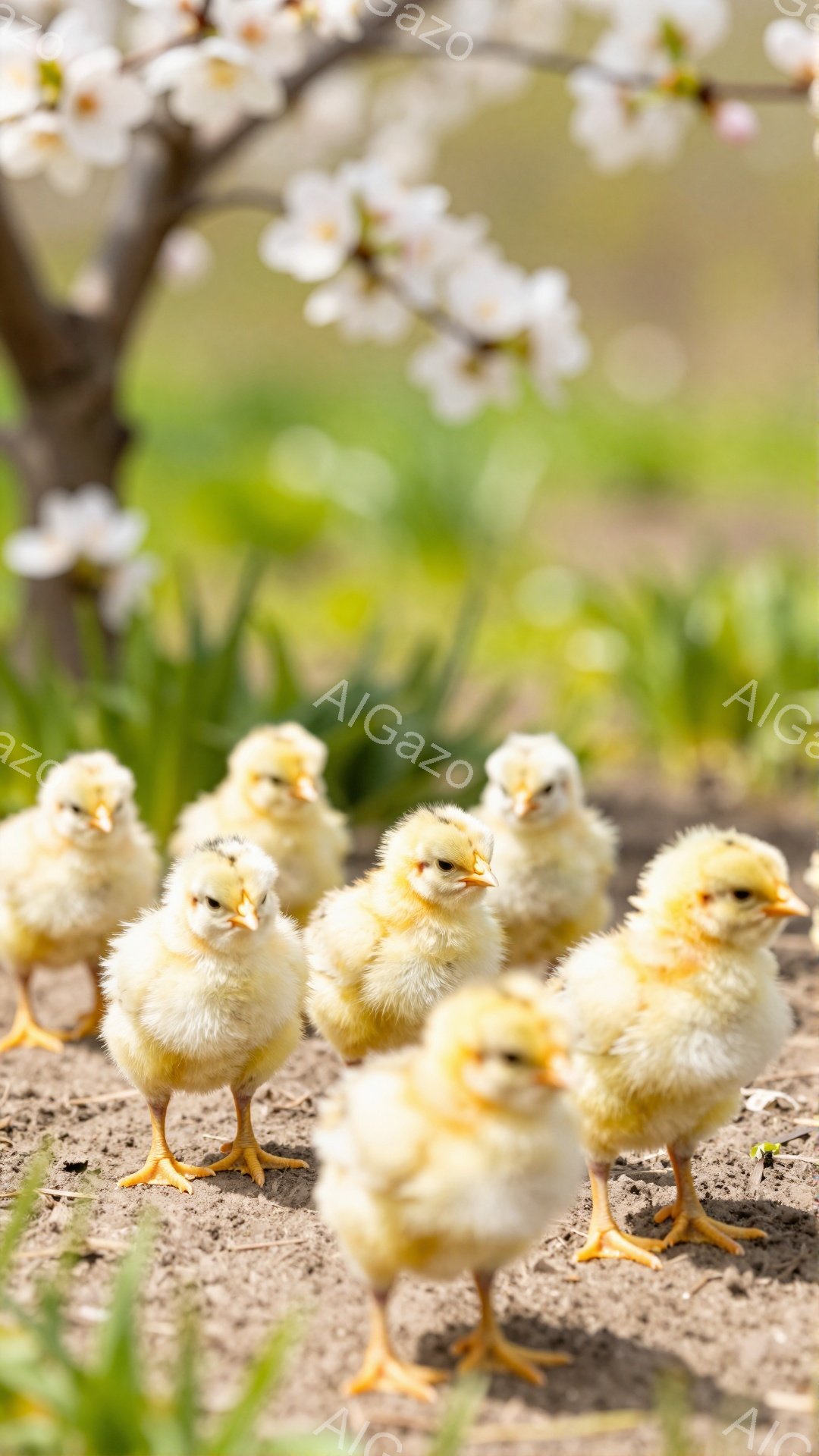 春の暖かい日差しの中で、ふわふわのヒヨコたちが列をなして歩いている様子が捉えられています。背景には美しい桜の木がぼやけ、春の訪れを感じさせます。ヒヨコたちは好奇心旺盛な表情で、小さな足で一生懸命進んでいます。