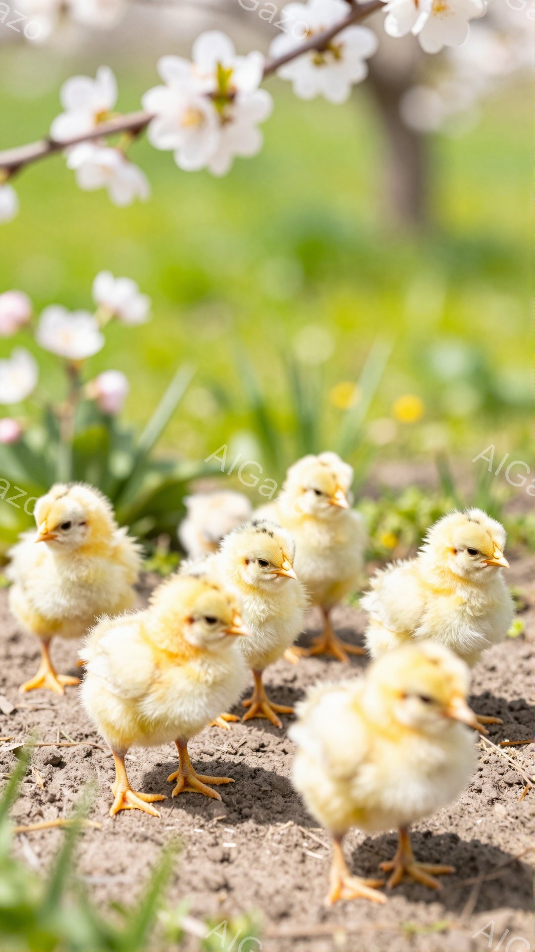 ひよこたちが土の上に集まって歩いています。背景にはピンク色の花が咲き、春の穏やかな雰囲気を演出しています。小さなひよこたちは、ふわふわの毛並みと元気な姿で、可愛らしさを際立たせています。