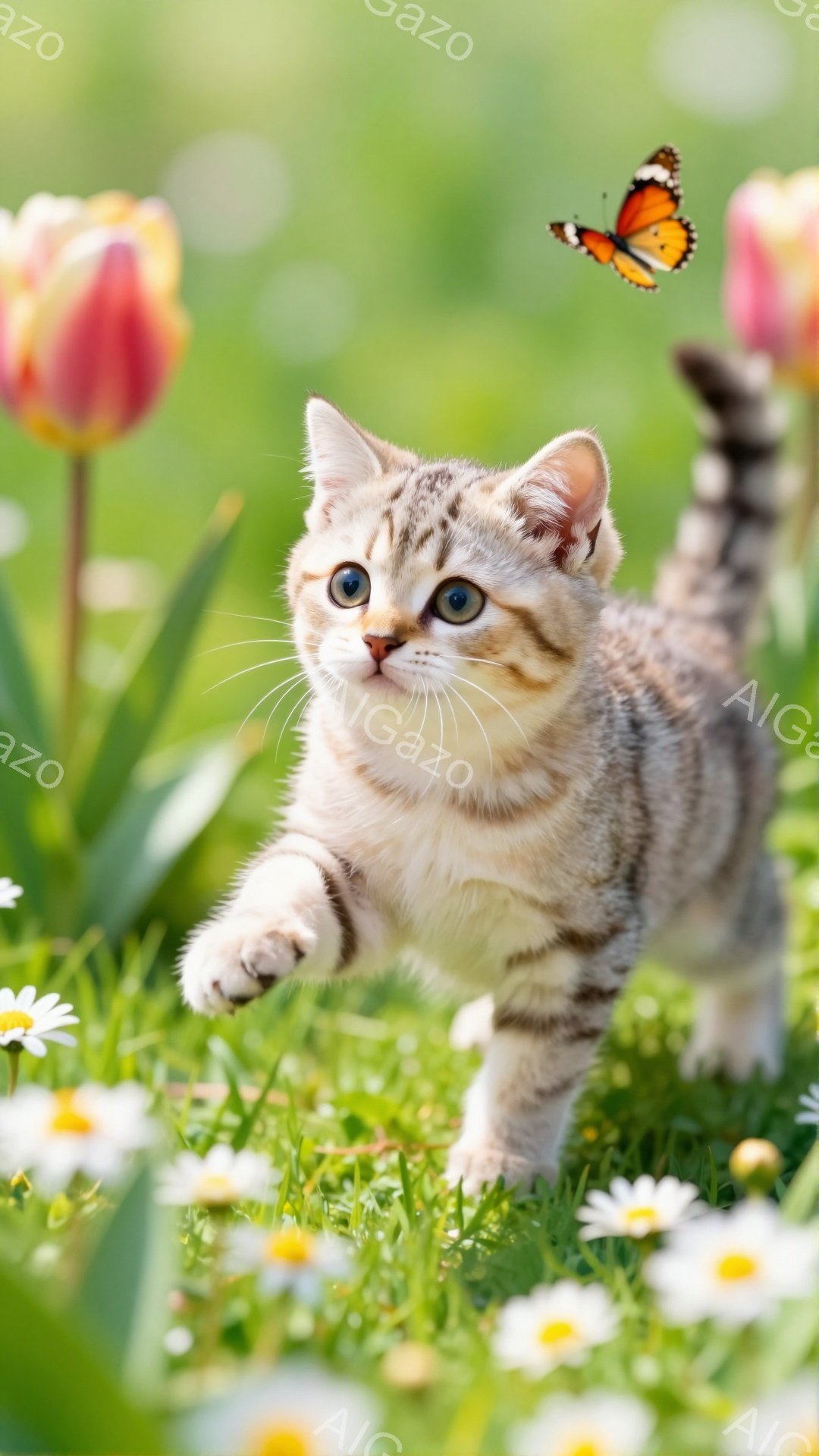 縞模様の小さな子猫が、草の上を駆け抜けようとしている。背景にはチューリップやデイジーが咲き、蝶が飛んでいる様子が見える。明るい日差しと花々が、暖かく穏やかな春の雰囲気を醸し出している。