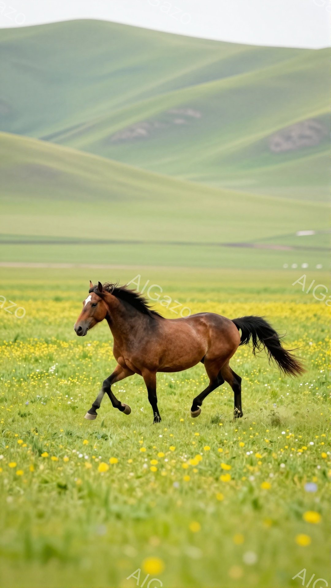 広大な草原を栗色の馬が疾走している。背景には緑の丘が連なり、黄色い花が咲き乱れる美しい風景が広がる。馬のたてがみと尾は風になびき、力強い生命力を感じさせる。