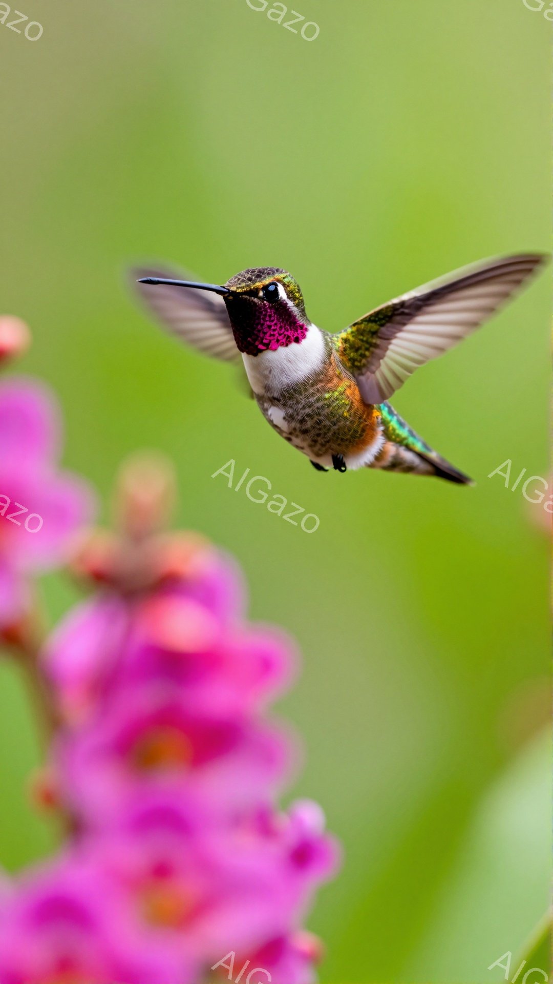 鮮やかなピンク色の花が咲き乱れる中、緑と紫の羽を持つハチドリが蜜を求めて花の周りを舞っている。ハチドリの羽はぼやけており、動きの速さが伝わる。背景は柔らかい緑色で、自然の美しさを際立たせている。