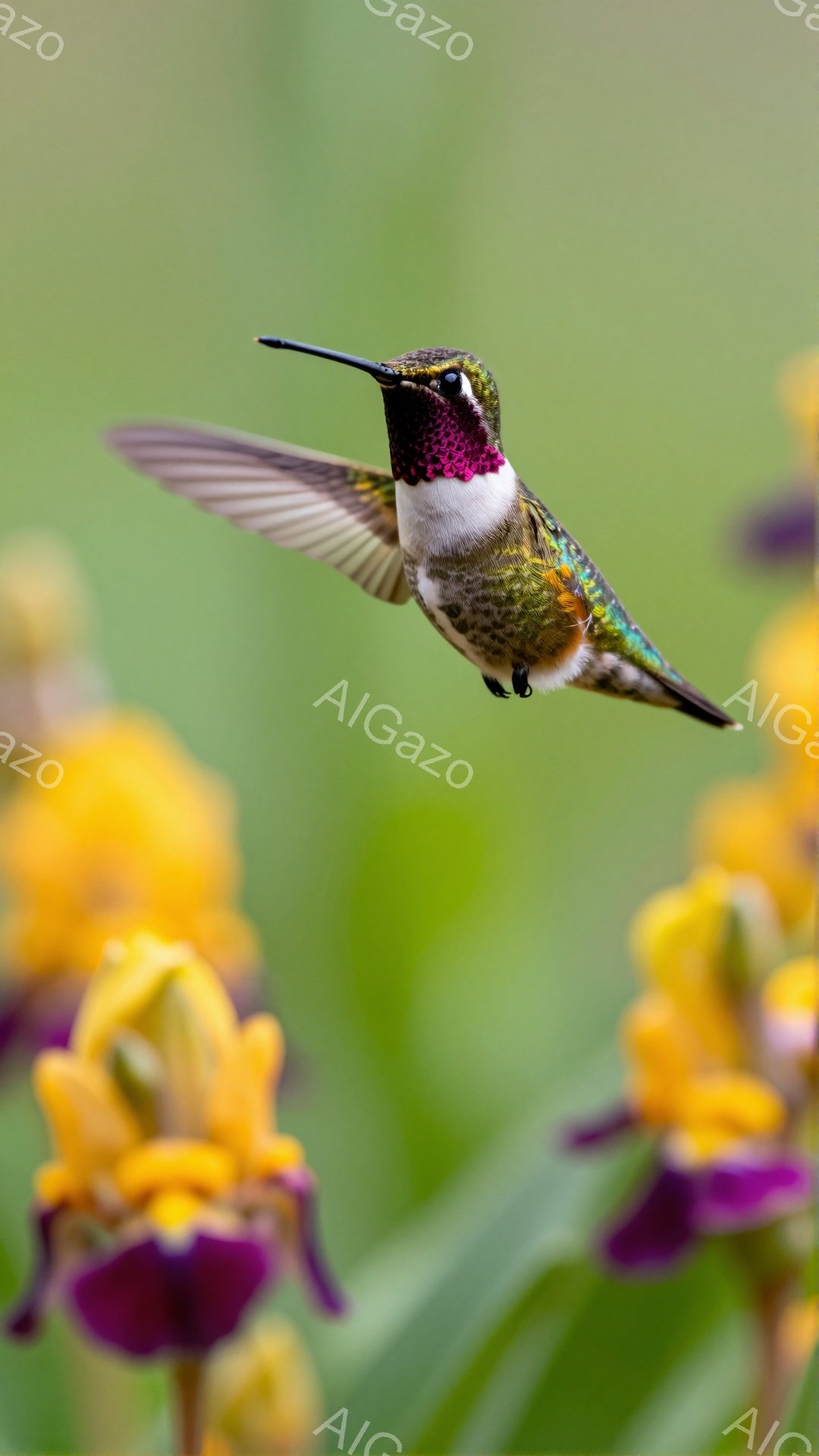 鮮やかな黄色の花の間で、ハチドリが翼を羽ばたかせながら蜜を吸っています。その羽は、光を受けて虹色に輝き、背景の緑と鮮やかなコントラストを描いています。自然の美しさを捉えた、躍動感あふれる瞬間です。