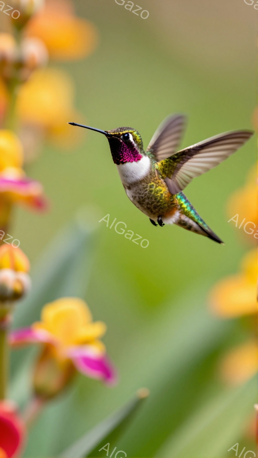 色鮮やかなハチドリが、オレンジとピンクの花の間を舞っている。翼がぼやけていることから、高速で動いていることがわかる。背景は緑豊かな植物で、生き生きとした自然の雰囲気が伝わってくる。