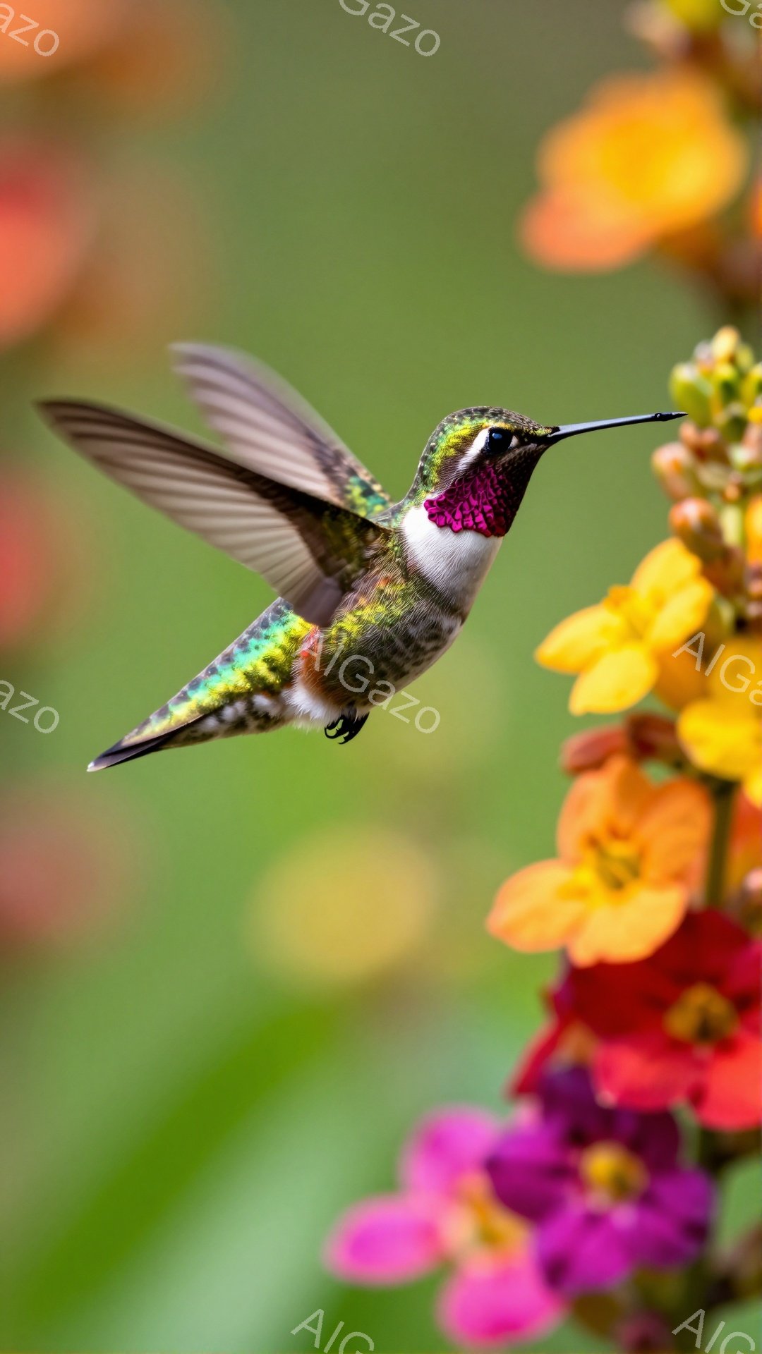 鮮やかな花を訪れるハチドリが捉えられています。赤色の喉と緑色の羽が美しく、動きのある瞬間が切り取られています。背景には緑豊かな植物がぼやけており、自然の美しさを際立たせています。
