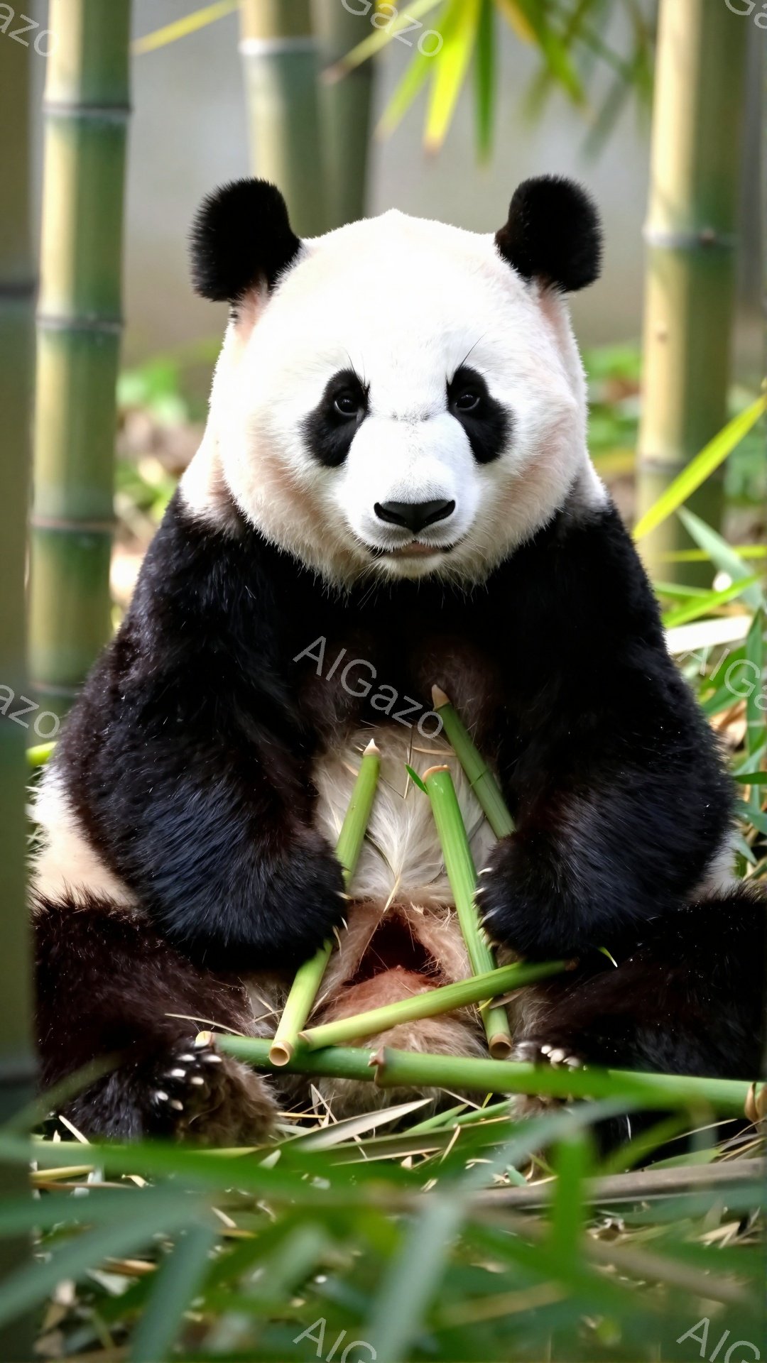 愛らしいパンダが、前に広がる草の上に座って食事をしています。つやつやとした毛並みと、つぶらな瞳が印象的です。背景には緑の竹が茂り、穏やかな雰囲気を醸し出しています。
