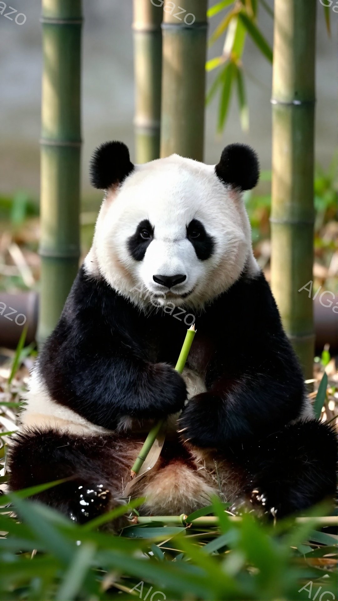 パンダが地面に座って、竹を美味しそうに食べています。緑の背景と落ち葉が、穏やかで自然な雰囲気を醸し出しています。可愛らしい表情と丸い体型が、見る人を魅了します。