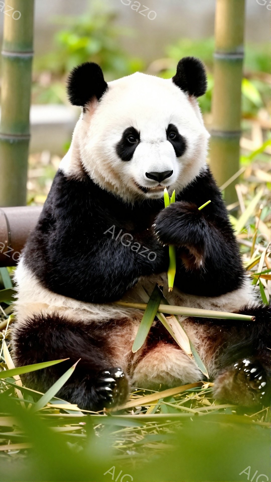 巨大なパンダが地面に座り、前足で竹を握って食べている。ふっくらとした体型と黒い目、そして緑の背景が可愛らしさを際立たせている。穏やかでリラックスした雰囲気の画像である。