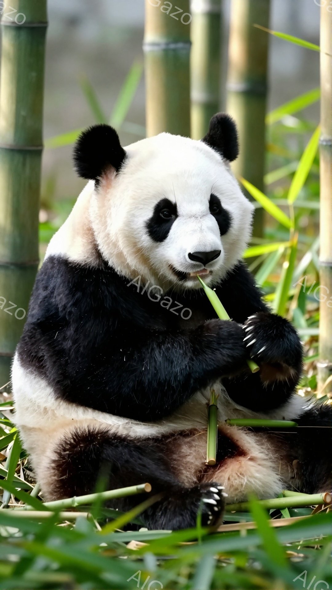 パンダが緑色の竹を美味しそうに食べている姿が描かれています。ふっくらとした体と優しい表情が印象的で、周囲には竹の葉が生い茂っています。温かい光が差し込み、穏やかな雰囲気が感じられます。