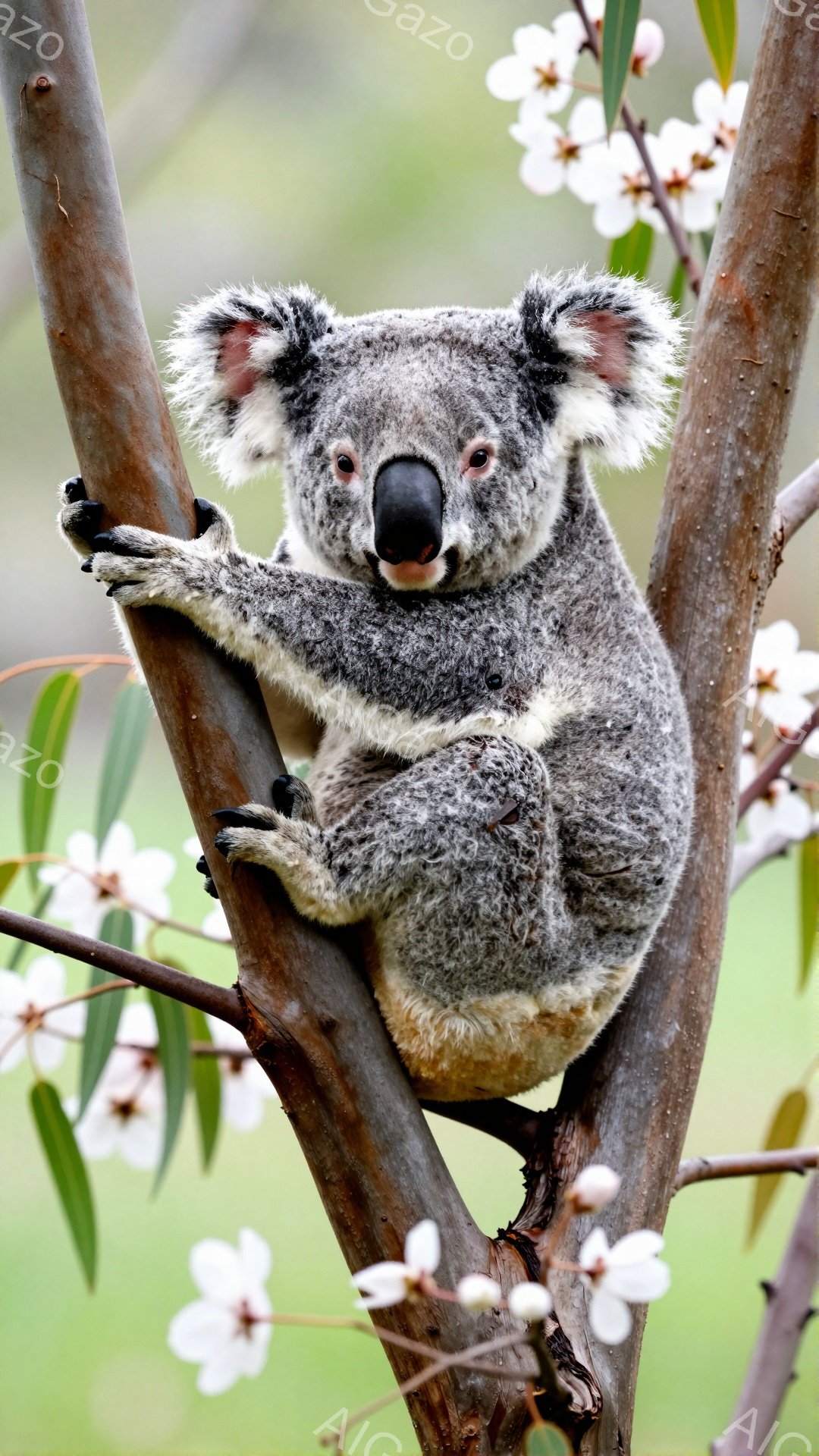 コアラが木の枝にしっかりと掴まっています。ふっくらとした体と優しい表情が特徴的で、周囲には白くて小さな花が咲き乱れています。春の穏やかな日差しの中で、リラックスした様子が伝わってきます。