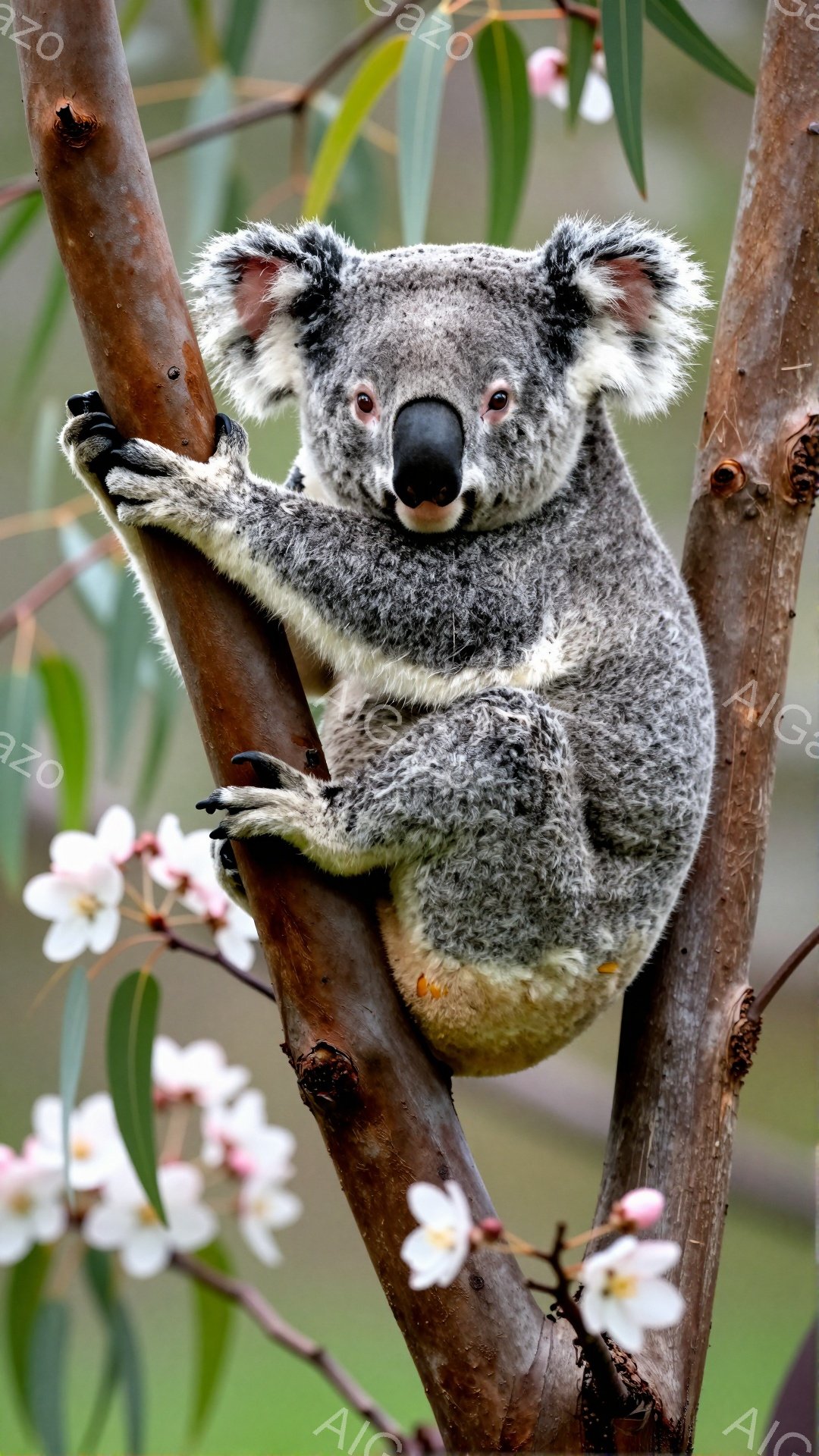 コアラが木の枝にしがみついています。緑の葉と白い花が背景に見え、春の穏やかな雰囲気を醸し出しています。愛らしい表情でカメラを見つめるコアラは、毛並みが柔らかく、可愛らしい姿です。