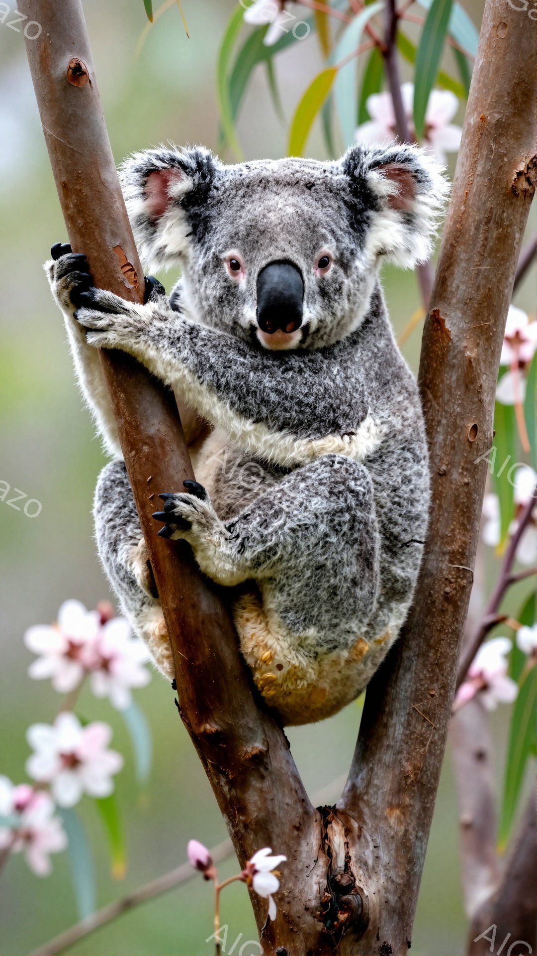 コアラが木の枝にしがみついています。ふわふわの毛並みと愛らしい表情が特徴的で、背景には淡いピンク色の花が咲き乱れています。穏やかで平和な雰囲気を感じさせる写真です。