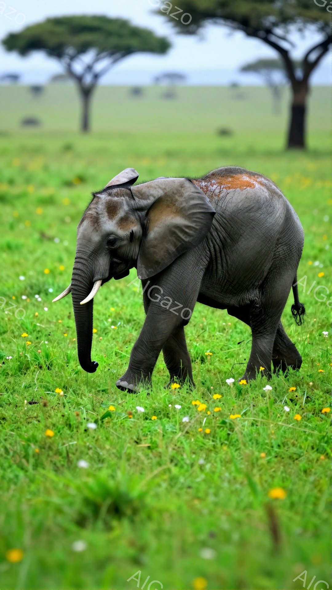 広大な草原を小さなゾウが歩いている。鮮やかな緑の草と黄色い花が咲き乱れ、背景には大きなアカシアの木が見える。太陽の光が穏やかに降り注ぎ、平和な雰囲気が漂っている。