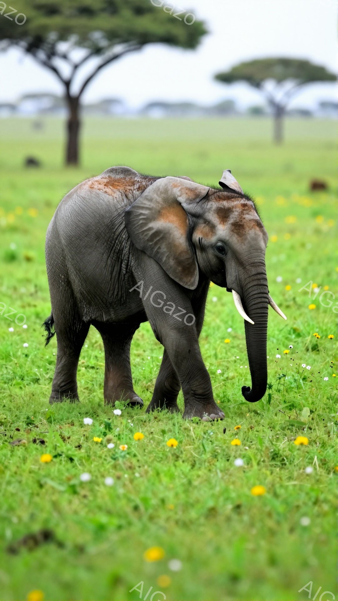 広大な緑の草原を幼いゾウが歩いています。周りには小さな黄色い花が咲き乱れ、背景には木々が見えます。優しい雰囲気で、自然の豊かさを感じさせる一枚です。