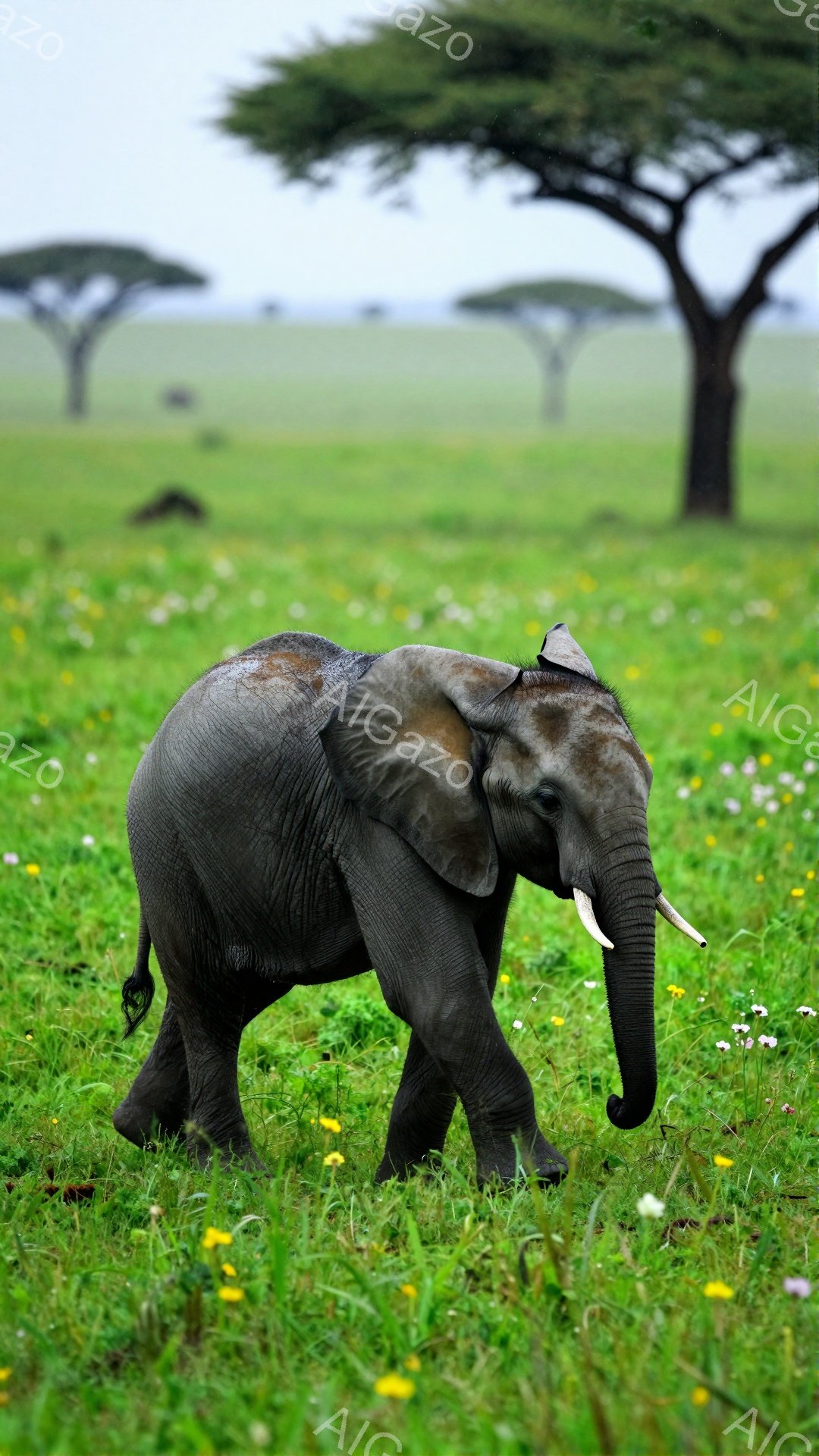 緑豊かな草原を子象が歩いている。周りには黄色い花が咲き乱れ、背景にはアфриканский баобабの木々が点在している。空気は澄んでおり、生命力に満ちた穏やかな雰囲気だ。