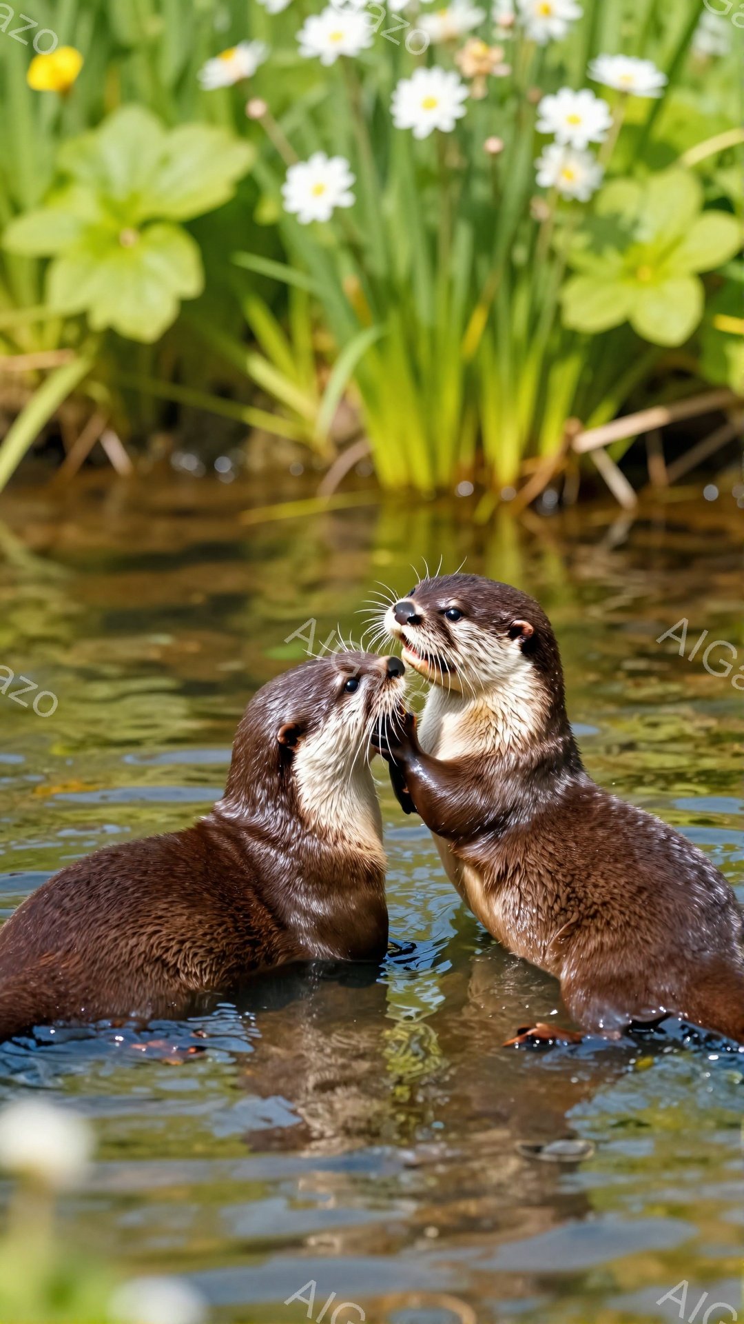 二匹のカワウソが水中で顔を合わせ、親密な様子を見せています。周りには緑の植物が生い茂り、水面には光が反射してキラキラと輝いています。穏やかで平和な雰囲気の自然の写真です。