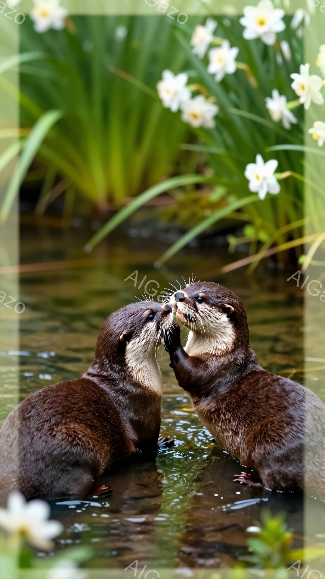 二匹のカワウソが水中で顔を合わせ、何かを分け合っている様子が捉えられています。周りには緑の植物と白い花が咲き乱れ、穏やかで優しい雰囲気が漂っています。水面には光が反射し、キラキラと輝いているのが印象的です。