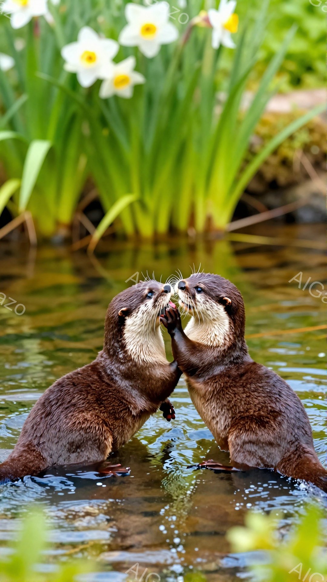 二匹のカワウソが水中で寄り添い、互いに手を繋いでいます。背景には緑豊かな植物と白い花が咲き誇り、穏やかで優しい雰囲気を作り出しています。水面には光が反射し、暖かく平和な光景が広がっています。