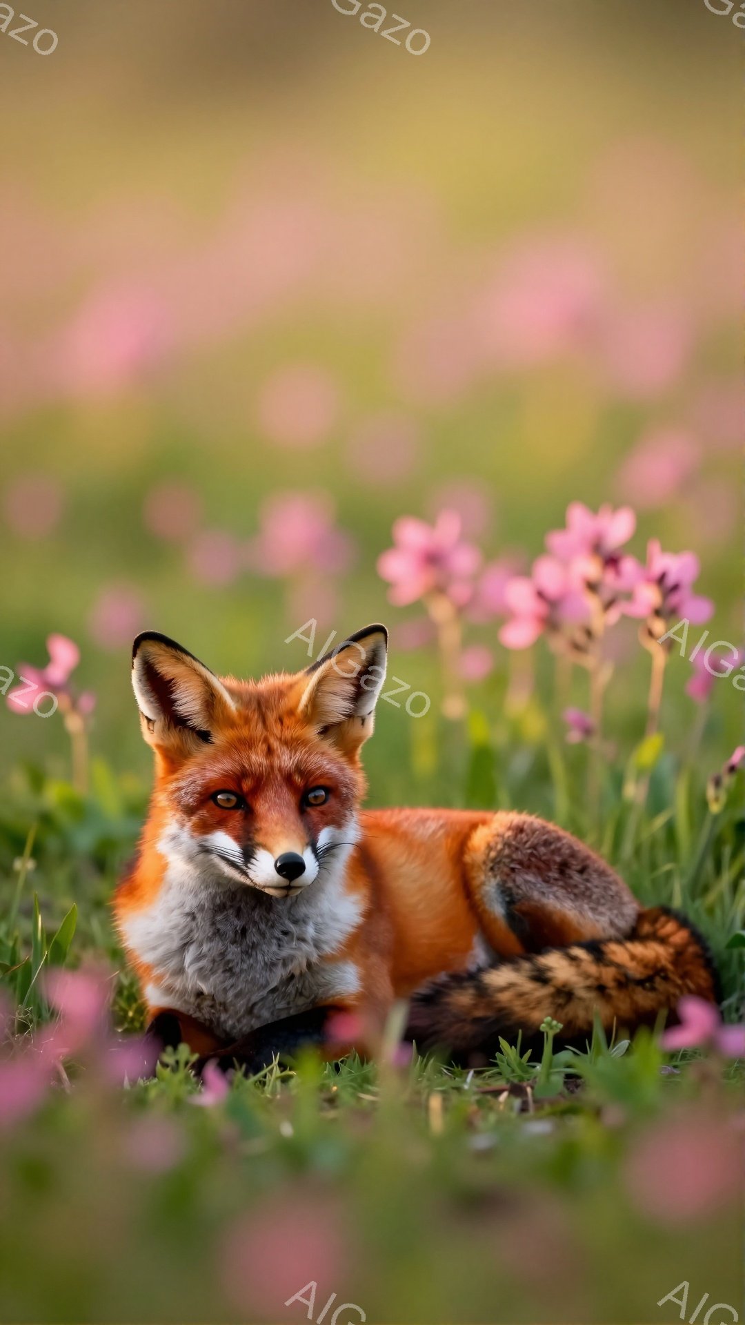 美しいキツネがピンク色の花々の中でリラックスして横たわっています。毛並みは赤茶色で、顔の模様が特徴的です。背景は緑豊かで、穏やかで平和な雰囲気を醸し出しています。 - AI生成フリー素材