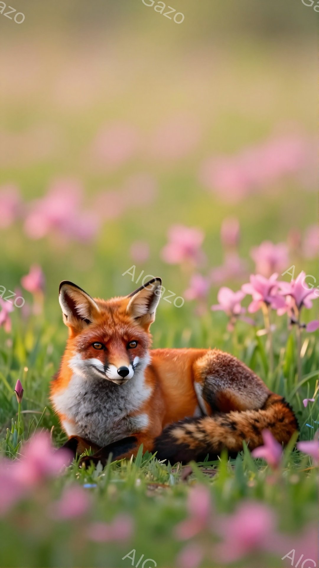 草原の中に座っているキツネが写っています。赤褐色の毛並みが美しく、ピンク色の花々が周囲を彩り、穏やかな雰囲気を醸し出しています。キツネはリラックスした様子で、こちらを見つめています。