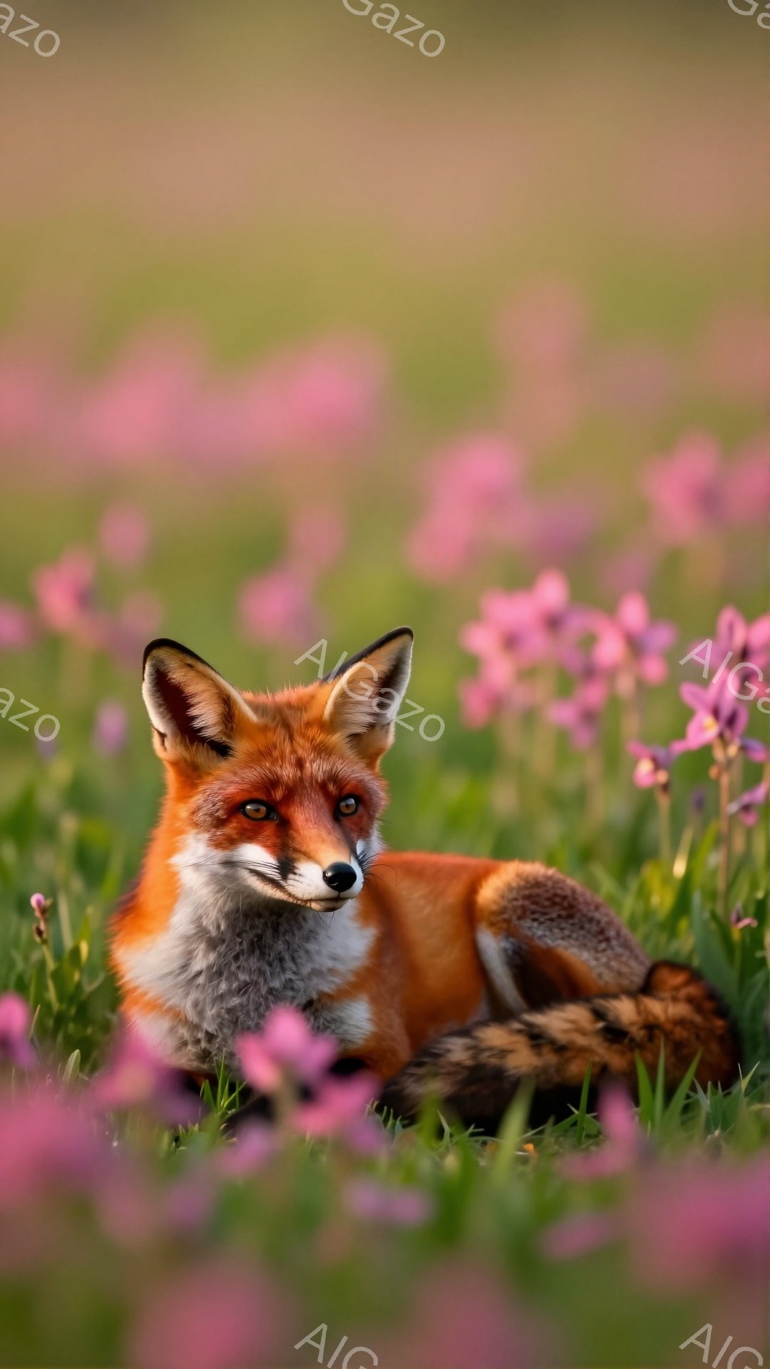 赤毛のキツネがピンク色の花畑の中で横たわっています。毛並みは滑らかで、リラックスした様子が伝わってきます。背景には緑豊かな草が生い茂り、穏やかで自然な雰囲気が漂っています。 - AI生成フリー素材