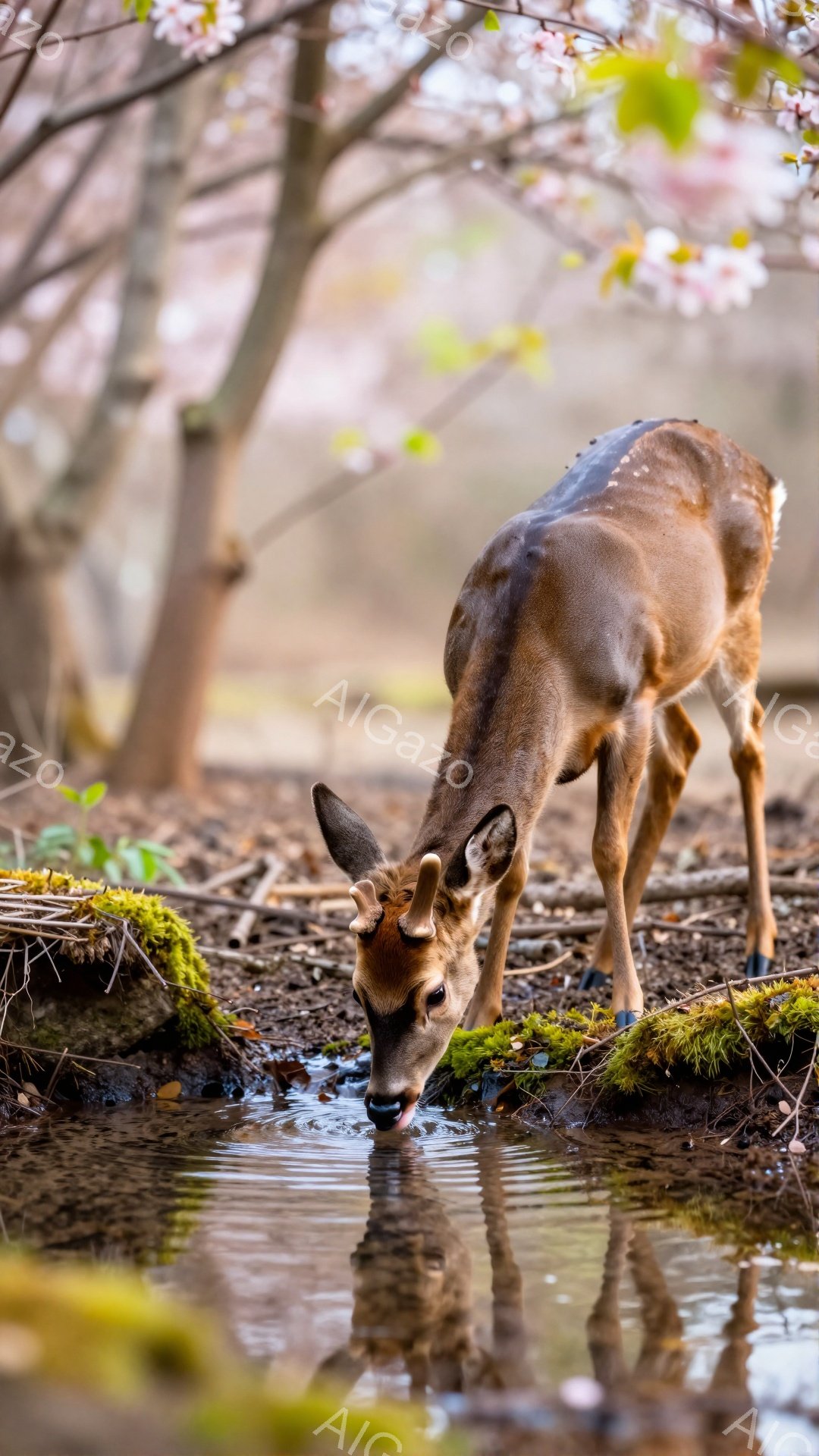 鹿が水たまりで水を飲んでいる様子が捉えられています。周囲には緑の苔が生え、背景にはぼやけた木々が見え、春の穏やかな雰囲気が漂います。光が差し込み、水面に反射して美しい光景を作り出しています。