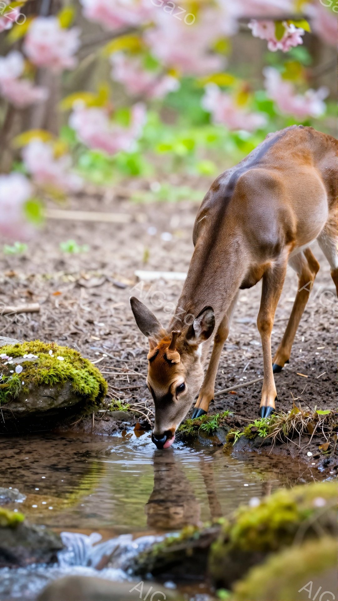 穏やかな春の日に、一匹のシカが水場で水を飲んでいます。周囲には緑豊かな草が生え、背景には淡いピンク色の桜の花がぼんやりと見えます。静かで平和な雰囲気が感じられます。 - AI生成フリー素材