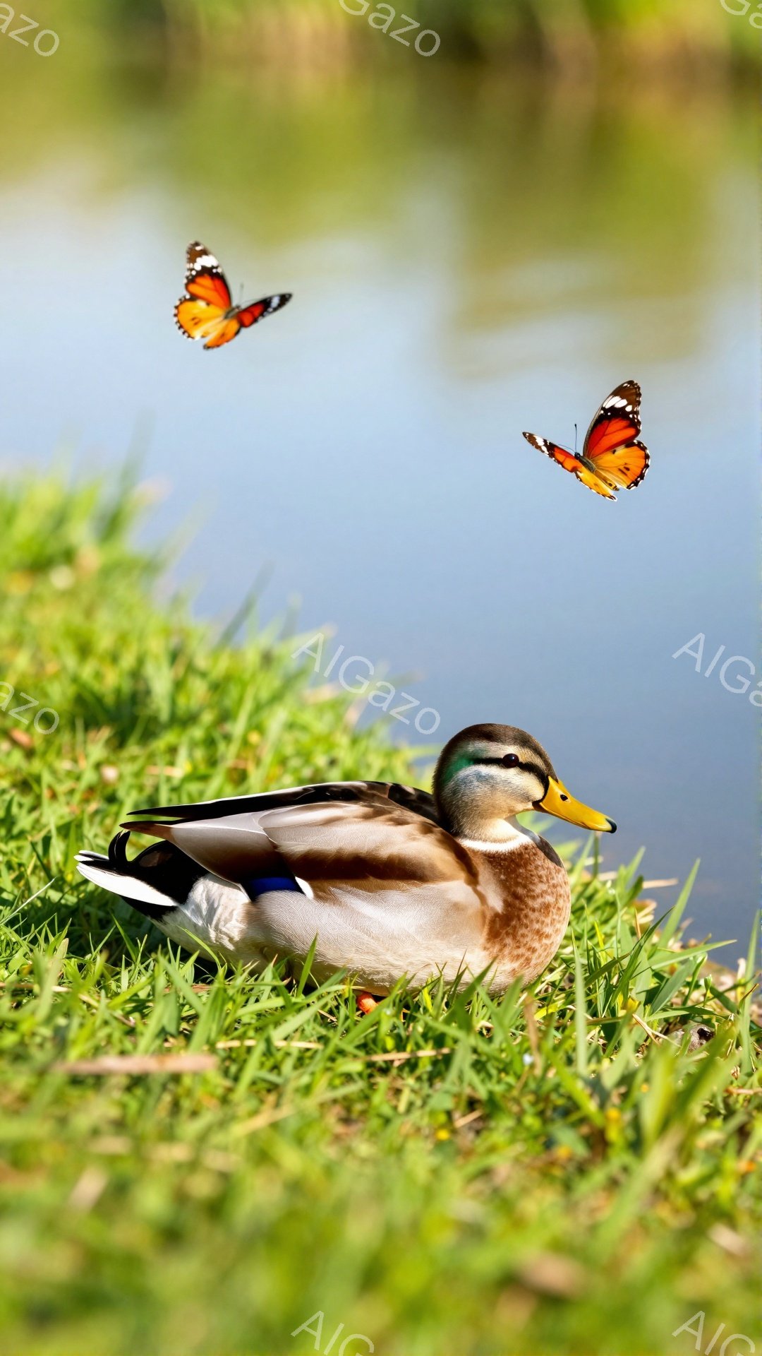 アヒルが緑の草の上に横たわっており、背景には穏やかな水面が見える。鮮やかなオレンジ色の蝶がアヒルを飛び越え、静かで平和な雰囲気を演出している。このシーンは自然の美しさを捉えた、穏やかな夏の日の光景だ。 - AI生成フリー素材