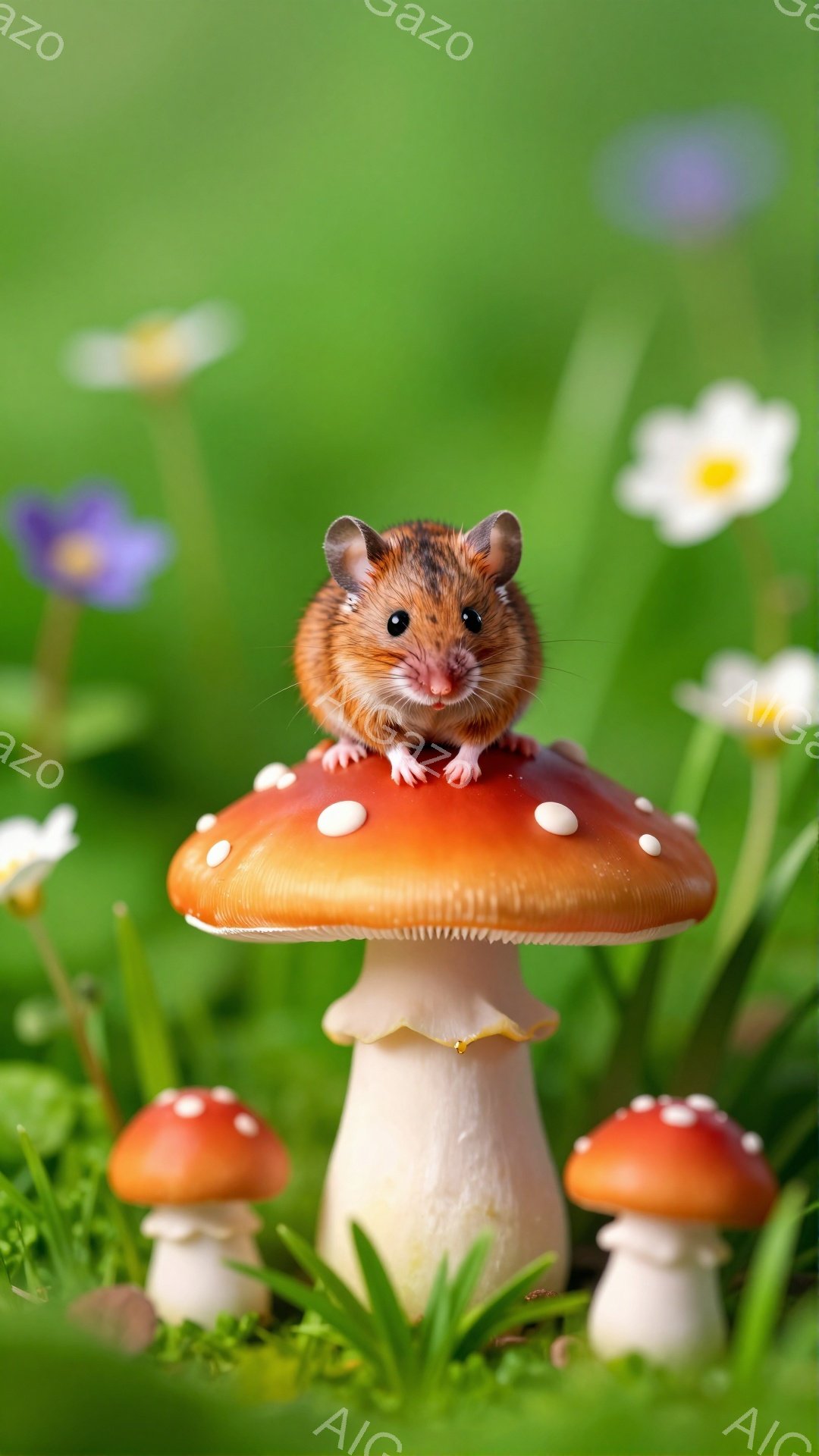 緑豊かな草原で、可愛らしいネズミが赤いキノコの上にちょこんと座っています。キノコは白地に赤い斑点があり、周囲には小さな花々が咲き乱れています。暖かい日差しが差し込み、穏やかで優しい雰囲気が漂っています - AI生成フリー素材