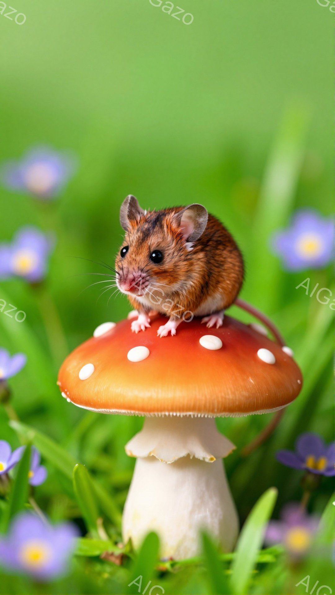 赤いきのこの上に小さなネズミが立っています。背景には緑の草と紫色の花が咲き、自然の中で生き生きとした様子が表現されています。ネズミは前足を揃えて座り、好奇心旺盛な表情で周囲を見渡しているようです。