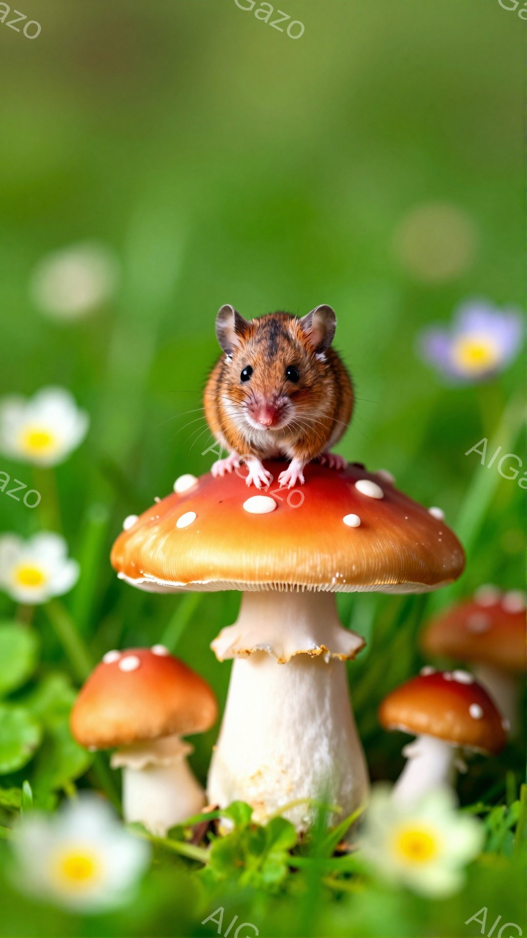 小さなネズミが、赤いきのこの上に座ってこちらを見ています。周りには白い花が咲き、緑の草が茂っていて、明るく穏やかな雰囲気です。まるでファンタジーの世界のような、可愛らしい光景です。
