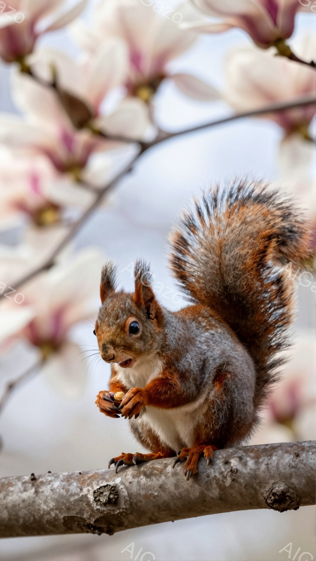 赤い毛並みのリスが枝にとまって何かを食べています。背景には薄いピンク色の花がぼんやりと見え、春の穏やかな雰囲気を感じさせます。リスの毛並みと花の淡い色が、柔らかい印象を与えています。 - AI生成フリー素材