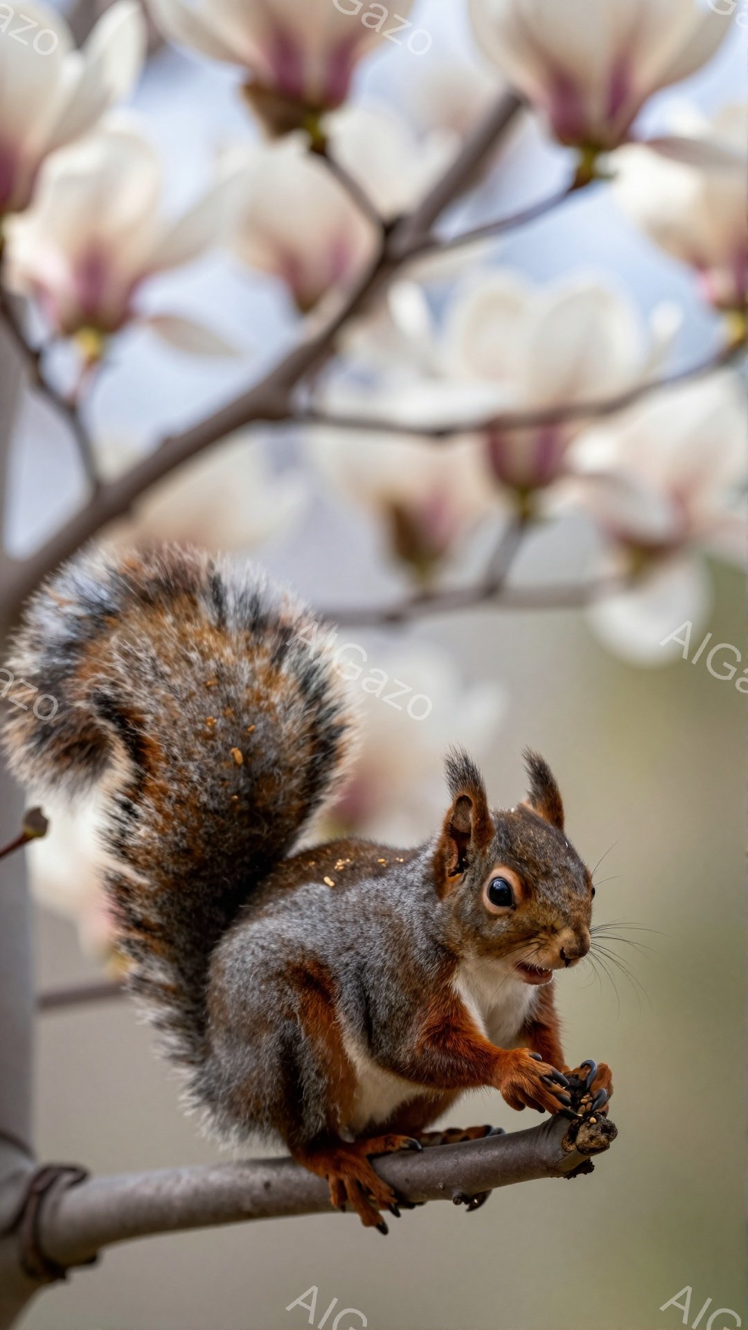 リスが木の枝にとまって何かを食べている。ふわふわの尻尾が特徴的で、背景には淡いピンク色の花がぼんやりと見える。春らしい暖かく穏やかな雰囲気の写真だ。