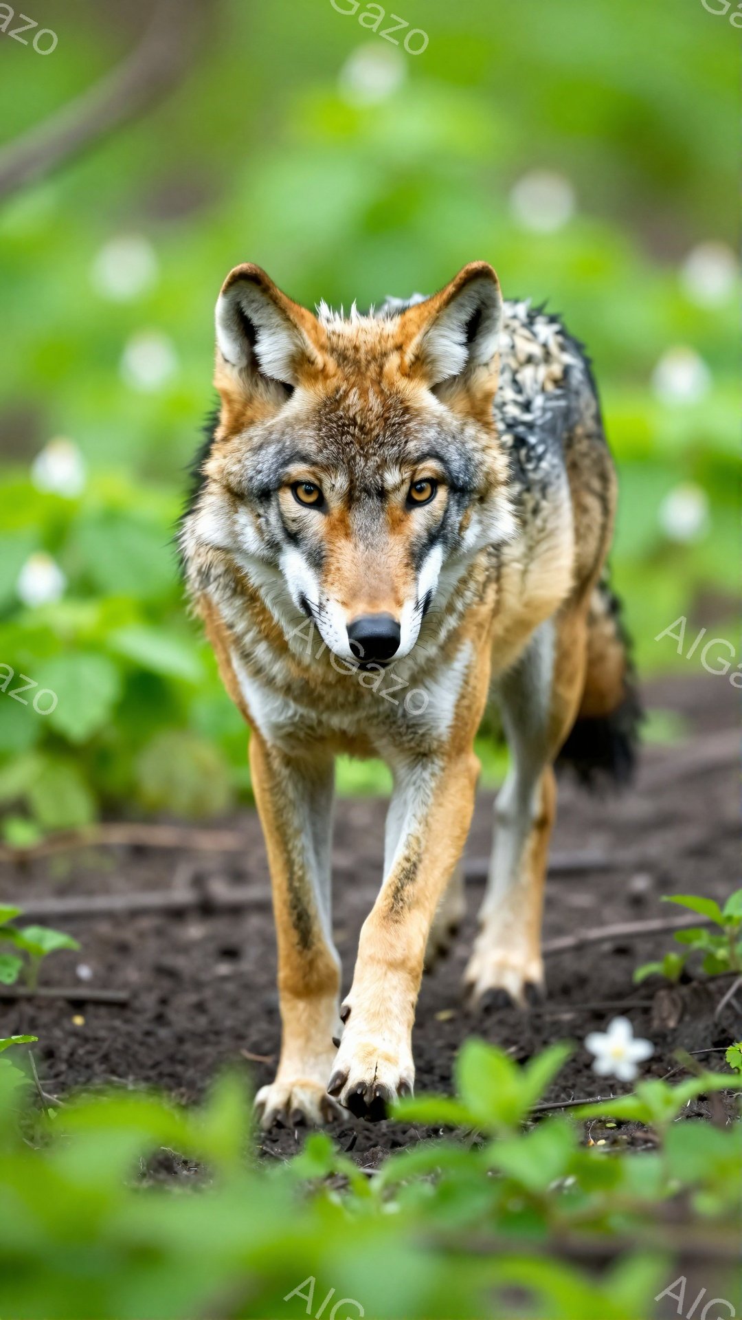 緑豊かな草原を背景に、力強い眼差しでこちらを見つめるオスのコヨーテが写っている。毛並みは茶色とクリーム色で、野性味あふれる雰囲気を醸し出している。前足がわずかに上がり、歩み寄るような構えを見せている。