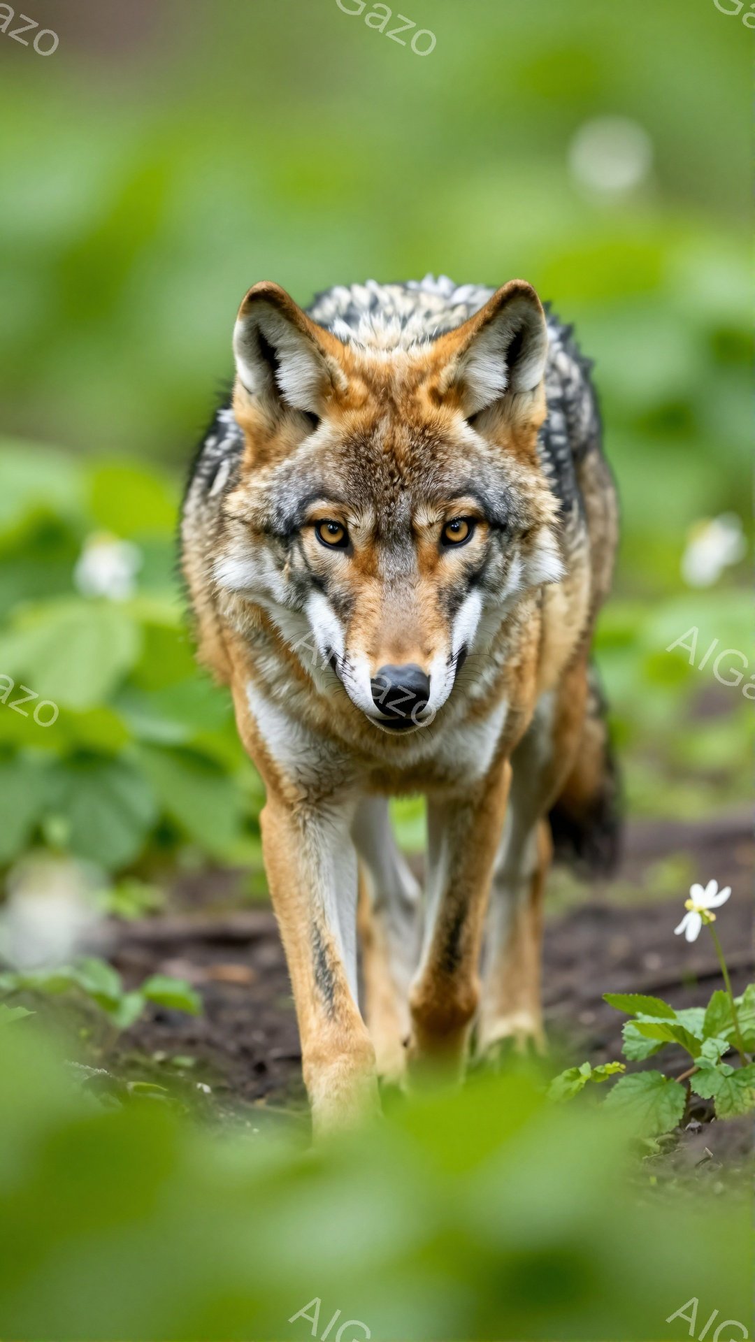 緑豊かな草木の間に、オレンジとグレーの毛並みが美しいオオカミが正面を向いて歩いている。鋭い眼光はカメラを見つめ、力強い足取りは自然の中で生きる野生の姿を表している。背景の緑とオオカミの毛色がコントラストを作り、迫力のある印象を与える。