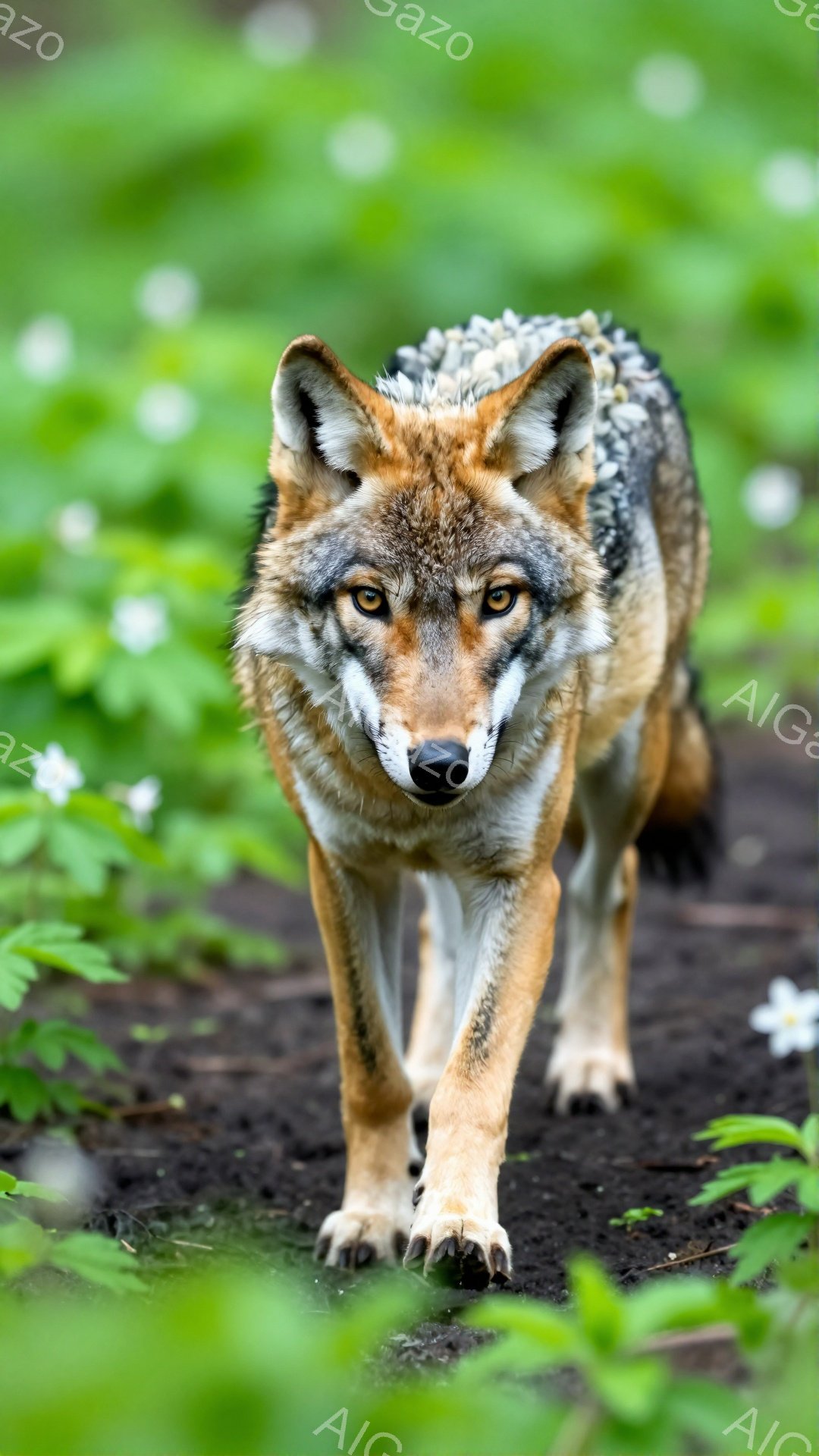 緑豊かな背景に、茶色と灰色の毛並みを持つオオカミが正面を向いて歩いている。その目は鋭く、力強い足取りは自然の中での野生らしさを際立たせている。周囲には白い花が点在し、オオカミの存在感をさらに引き立てて - AI生成フリー素材