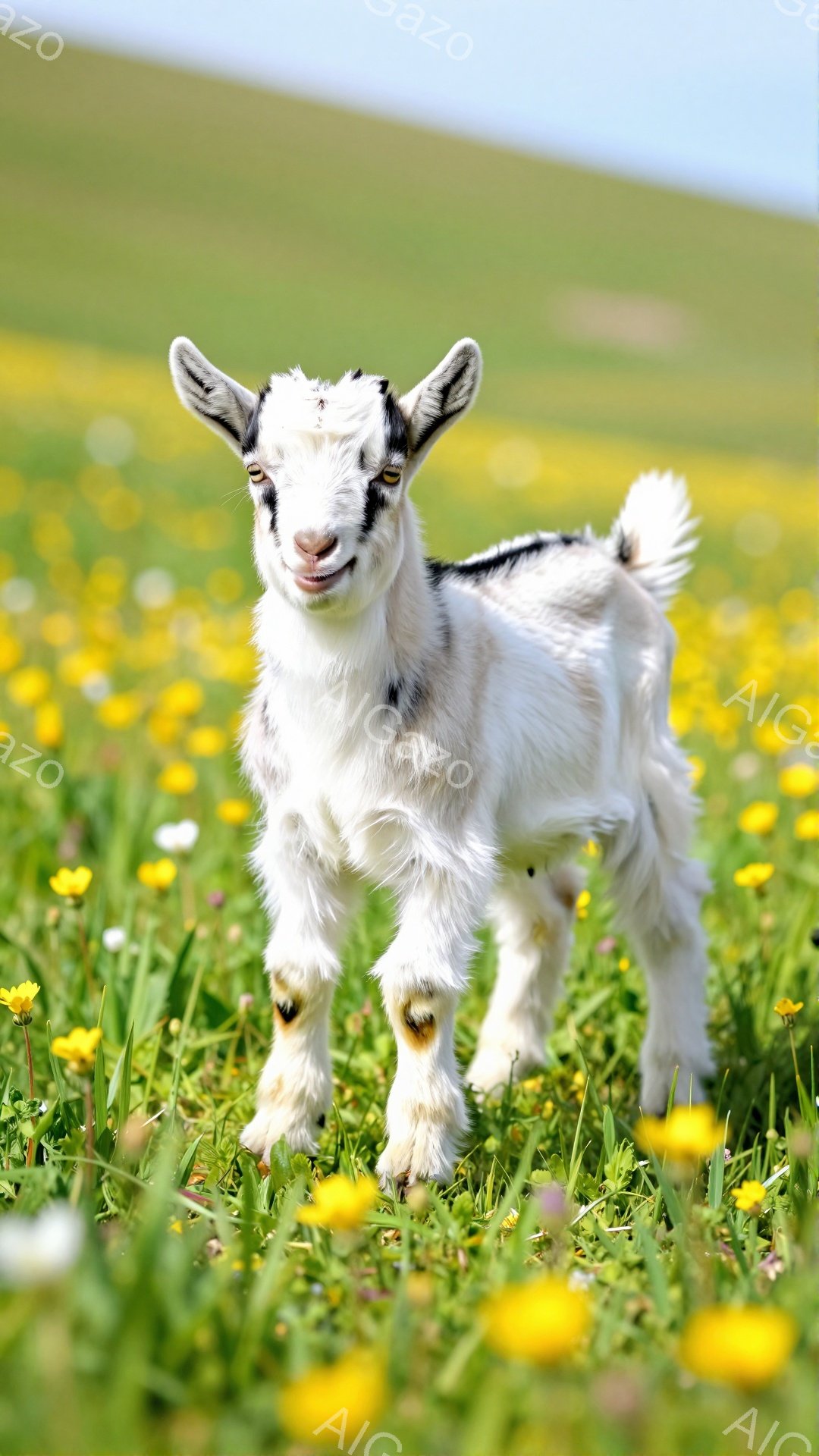 白と黒の斑点模様のヤギが黄色い花畑の中で立っています。ヤギはカメラ目線で、少し笑顔の表情を浮かべています。背景は緑の草地と空で、穏やかで平和な雰囲気です。