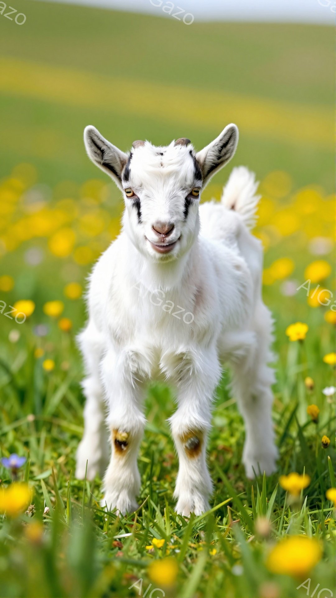 白い子ヤギが緑豊かな草原でポーズをとっています。黄色い花々が咲き乱れ、春の暖かな日差しが感じられます。子ヤギは好奇心旺盛な表情でカメラを見つめています。