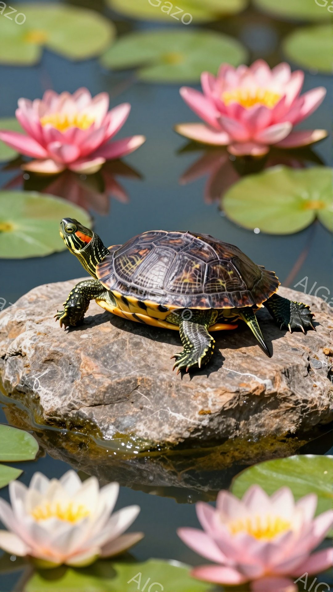 緑の藻が浮かぶ池の上に、甲羅に美しい模様があるカメが岩の上に佇んでいます。ピンク色の蓮の花が周囲を彩り、穏やかで自然な雰囲気を醸し出しています。カメは前方を向いており、リラックスした様子が伺えます。 - AI生成フリー素材