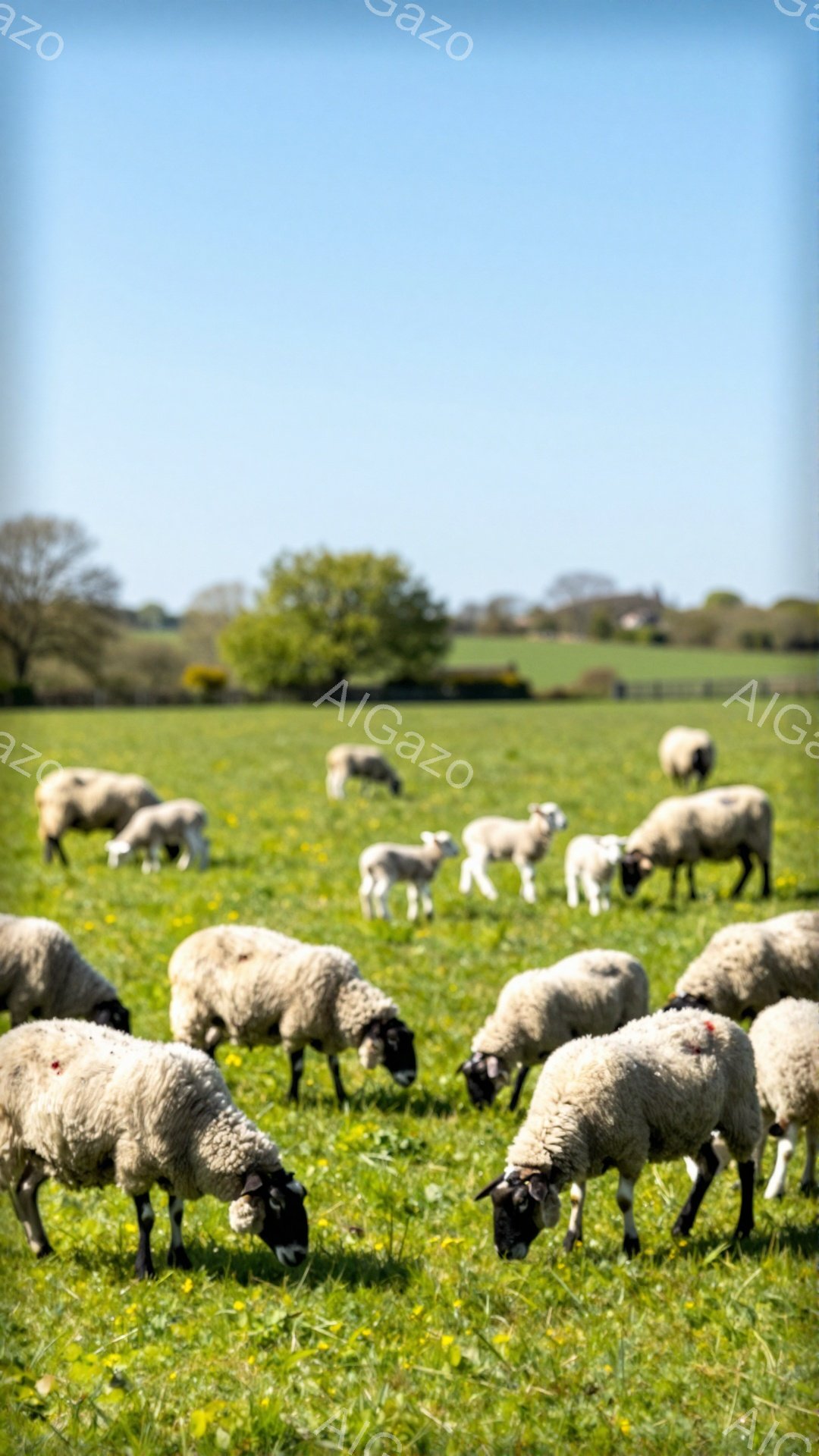 広大な緑の牧草地で、たくさんのヒツジが草を食んでいます。ヒツジたちはそれぞれ異なる毛色を持ち、平和で穏やかな雰囲気が漂っています。背景には緑豊かな丘陵が広がり、晴れた空が広がっています。