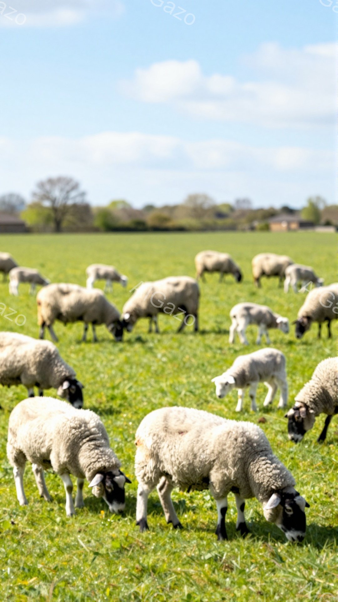 緑の牧草地で、多くのヒツジが草を食んでいます。日差しが暖かく、穏やかな春の日の風景です。遠くには木々と建物が見え、平和な田園風景が広がっています。
