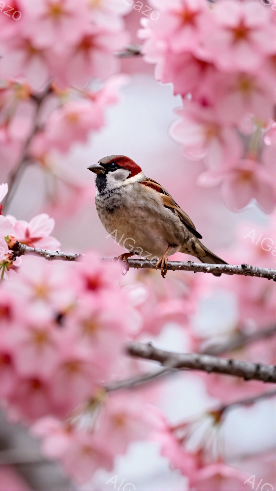 桜の枝にとまる雀が描かれています。ピンク色の花びらが背景を埋め尽くし、春の訪れを感じさせます。雀は落ち着いた様子で枝に止まり、周囲の美しい景色を眺めているようです。 - AI生成フリー素材