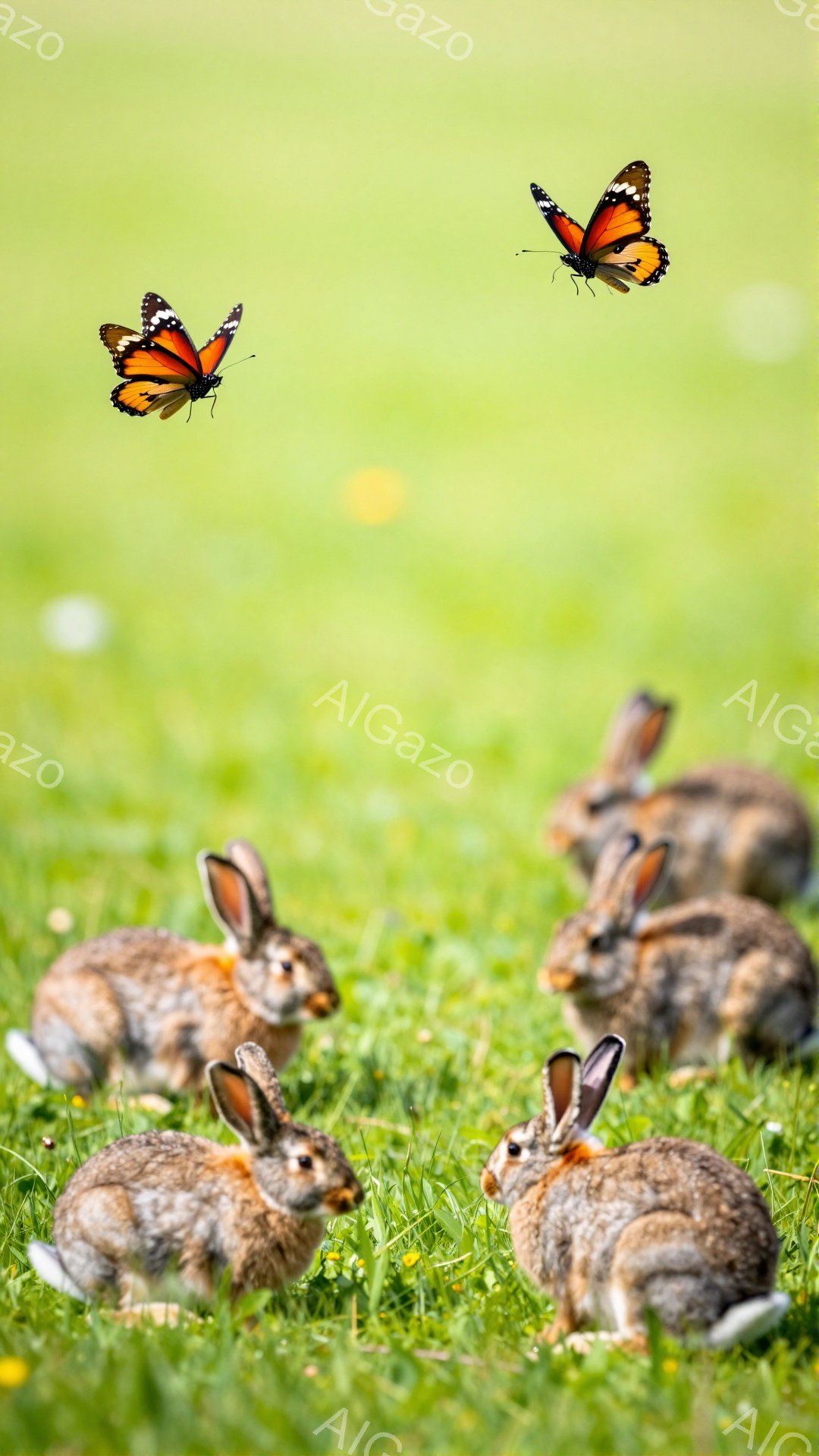 緑の草原にウサギたちが集まっており、その中に一匹の蝶が舞っている。ウサギたちはリラックスした様子で草を食べているか、または休息しているかのようだ。背景は柔らかい緑色で、穏やかで平和な雰囲気を作り出して - AI生成フリー素材