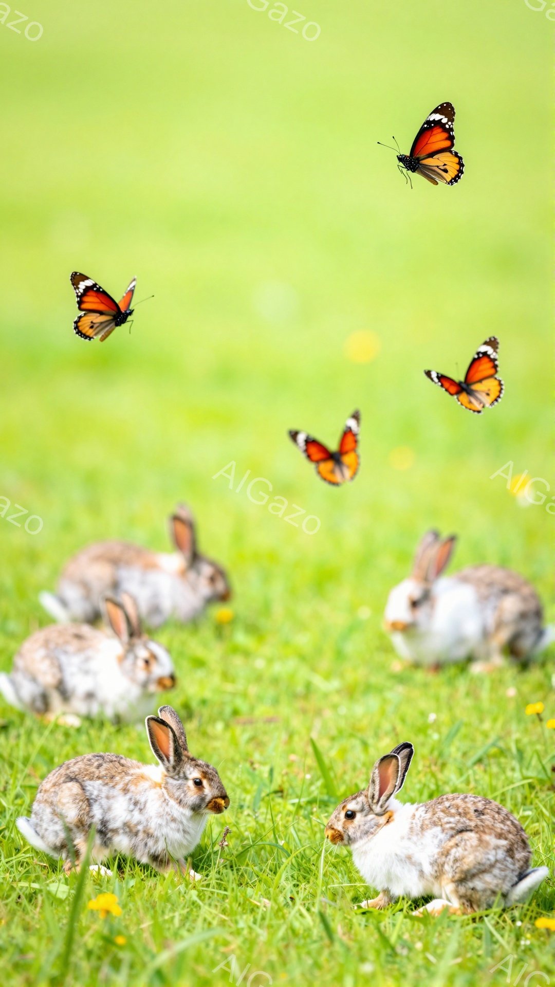 緑の草原で、複数のウサギが草を食べている様子が写っています。背景には、オレンジ色の蝶が舞い、穏やかで自然な雰囲気を醸し出しています。ウサギたちはリラックスした様子で、平和な時間が流れています。