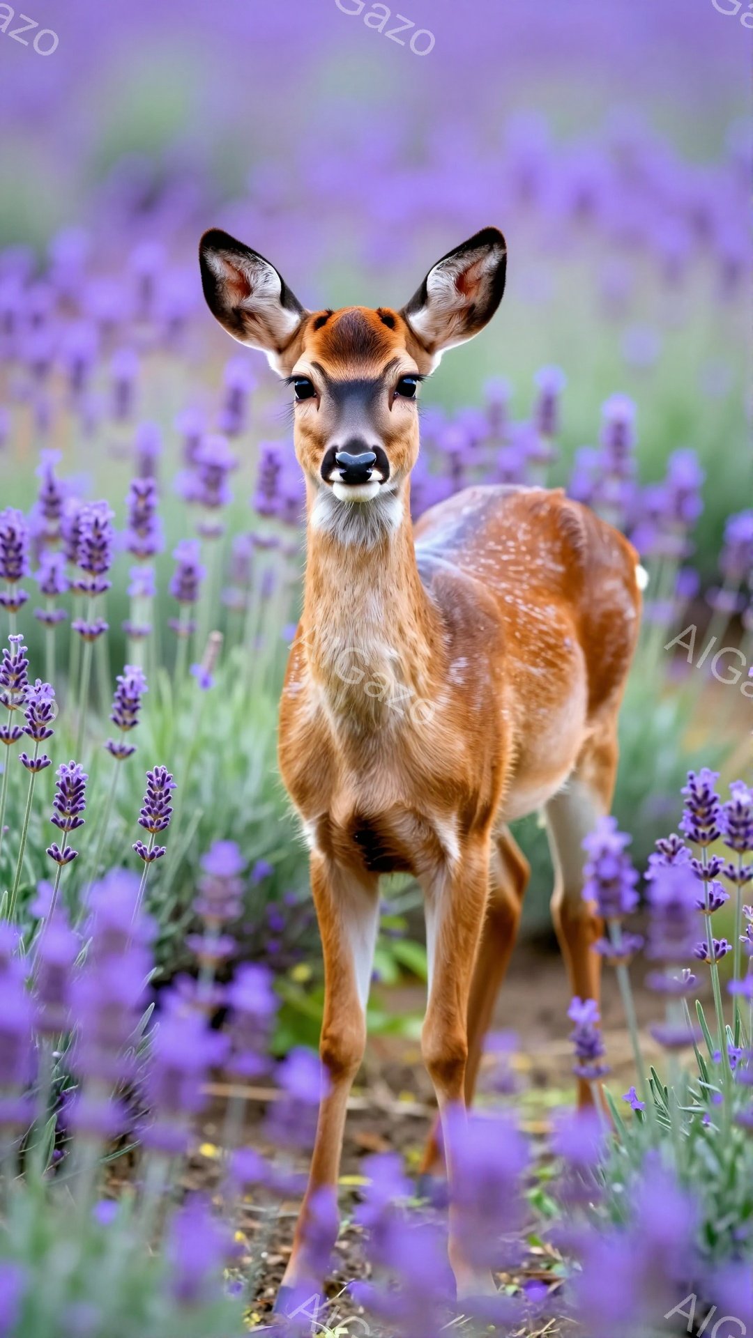 小さなシカがラベンダー畑の中で立っている。毛並みは美しく、背景の紫色の花々とコントラストが鮮やかだ。穏やかで平和な雰囲気の自然写真である。