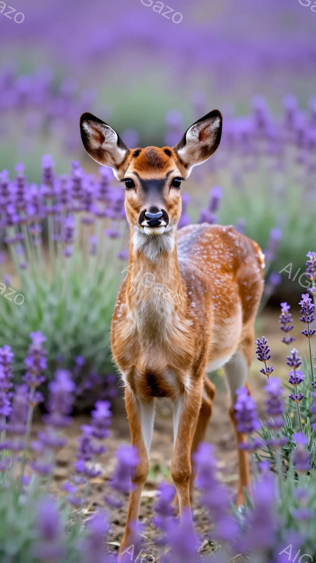 小さなシカがラベンダー畑の中で佇んでいます。その表情は好奇心に満ちており、視線はカメラに固定されています。背景は紫色に染まり、幻想的な雰囲気を醸し出しています。
