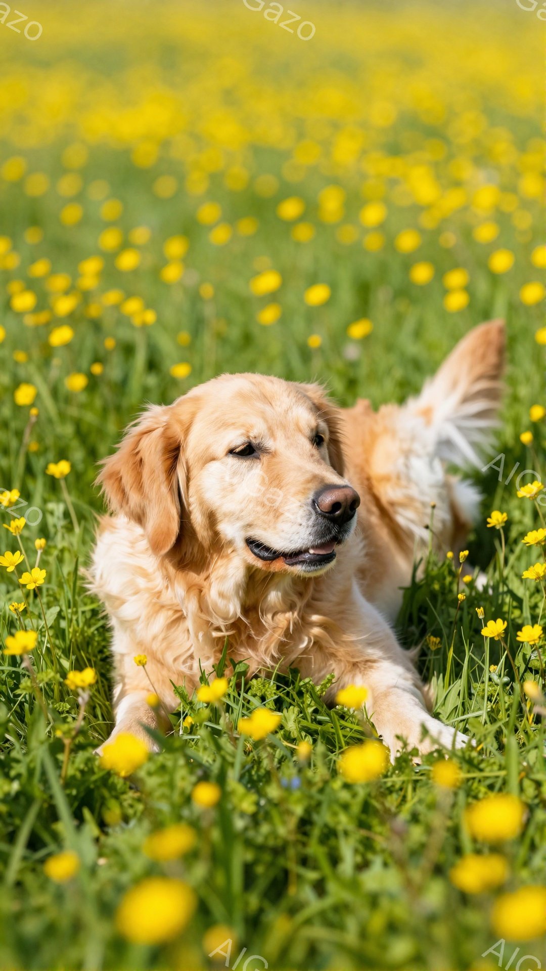 広々とした黄色い花畑で、ゴールデンレトリバーがリラックスして横たわっています。犬は穏やかな表情で、緑の草と鮮やかな花々に囲まれ、平和な雰囲気が漂っています。太陽の光が優しく降り注ぎ、暖かい春の日に感じられます。