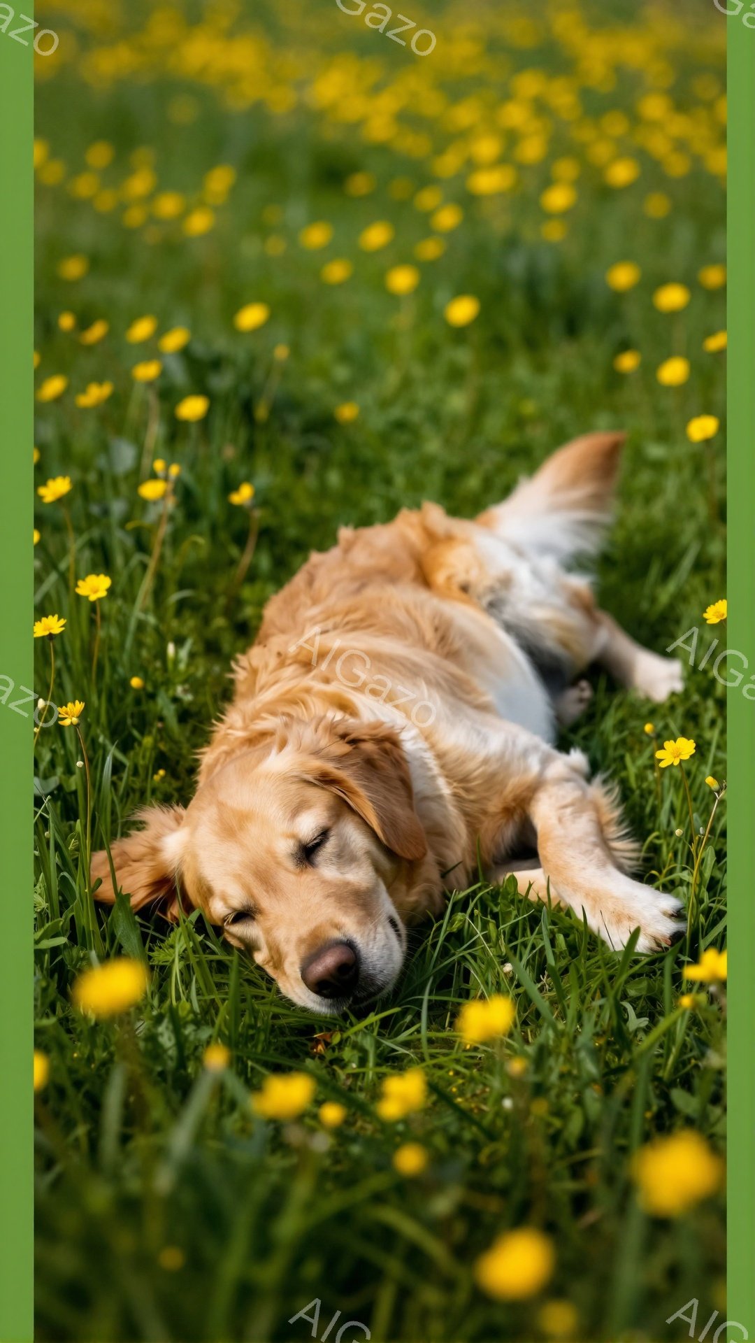 黄金色の毛並みの犬が、緑の草むらと黄色い花の中に横たわっています。穏やかな表情で目を閉じ、リラックスした様子が伺えます。周りの鮮やかな色彩と犬の優しい雰囲気が調和し、平和な光景を作り出しています。 - AI生成フリー素材