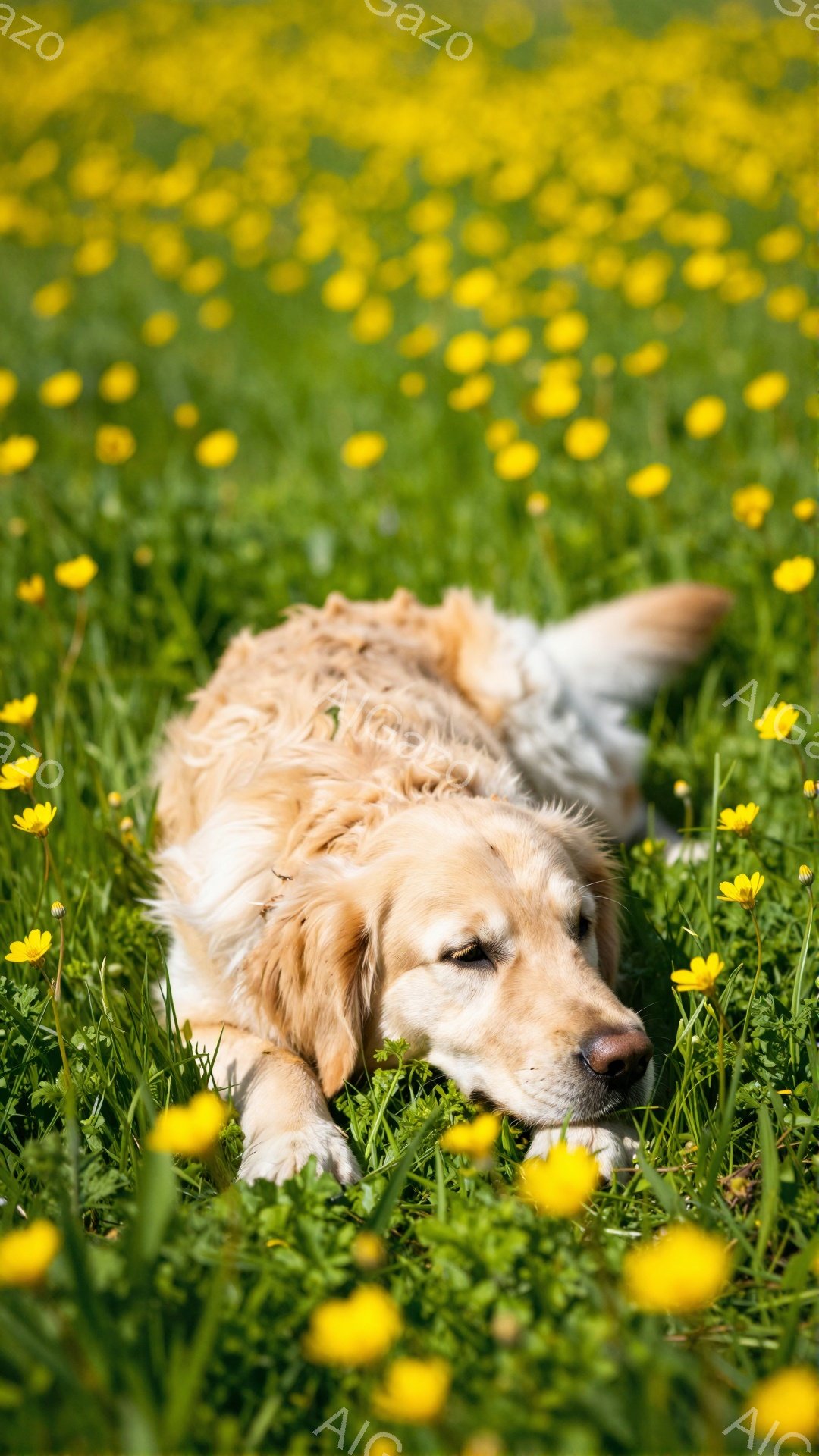 金色の毛並みを持つゴールデンレトリバーが、黄色い花が咲き乱れる緑の草原に横たわっています。穏やかな表情で目を閉じ、リラックスした様子がうかがえます。背景には広大な草原が広がり、春の暖かな日差しを感じさせる穏やかな雰囲気です。